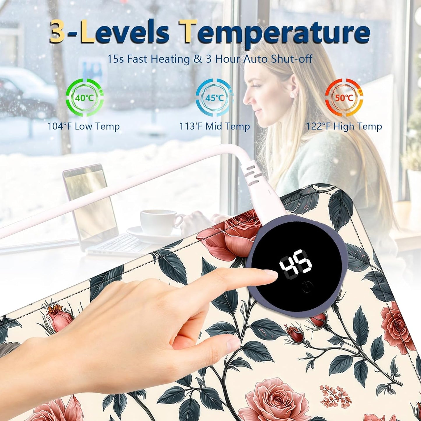 Heated Mouse Pad with 3 Temperature Settings(104°F–122°F),Large 31.5x13 Inch PU Leather Heated Desk Mat,Waterproof Warming Pad for Office,Gaming & Cold Hands Relief,Retro Flowers
