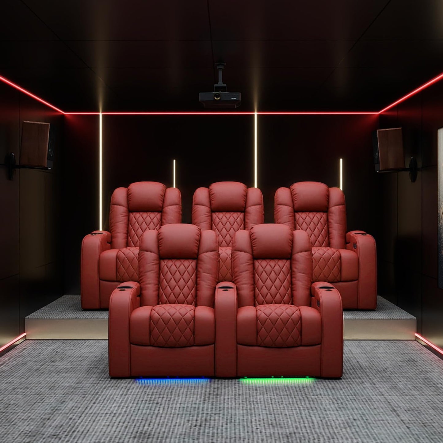 Weilianda Home Theater Seating Top Grain Leather Zero Gravity Recliner Chair Power Headrest Recline Movie Seat Gaming 7 Colors Mood Light Sofa with Tray Table USB Charge Row of 3 Loveseat Right Red