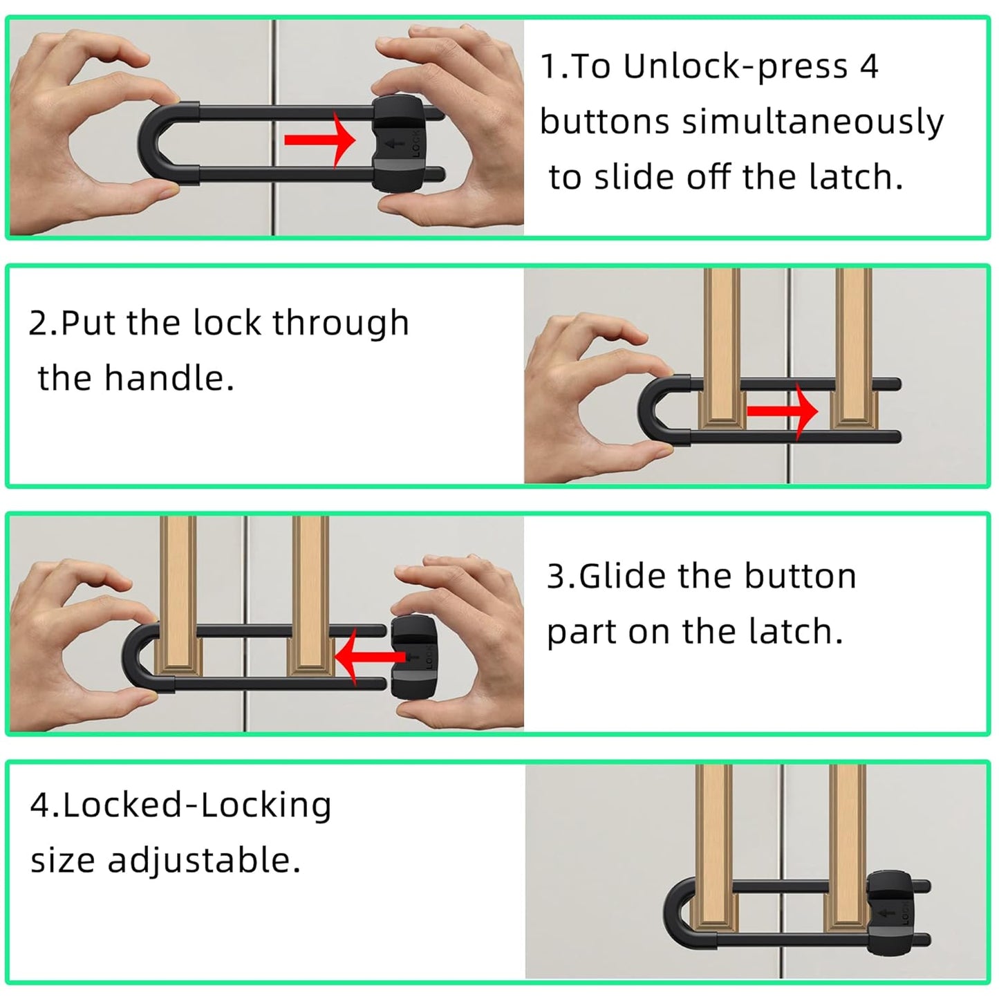 (10 pack black) 4 button Cabinet Locks, U-Shaped Proofing Drawers Safety Child Locks Adjustable, for Wardrobe,Kitchen,Bathroom,Drawer,Fridge,Cupboard Doors Knobs & Handles