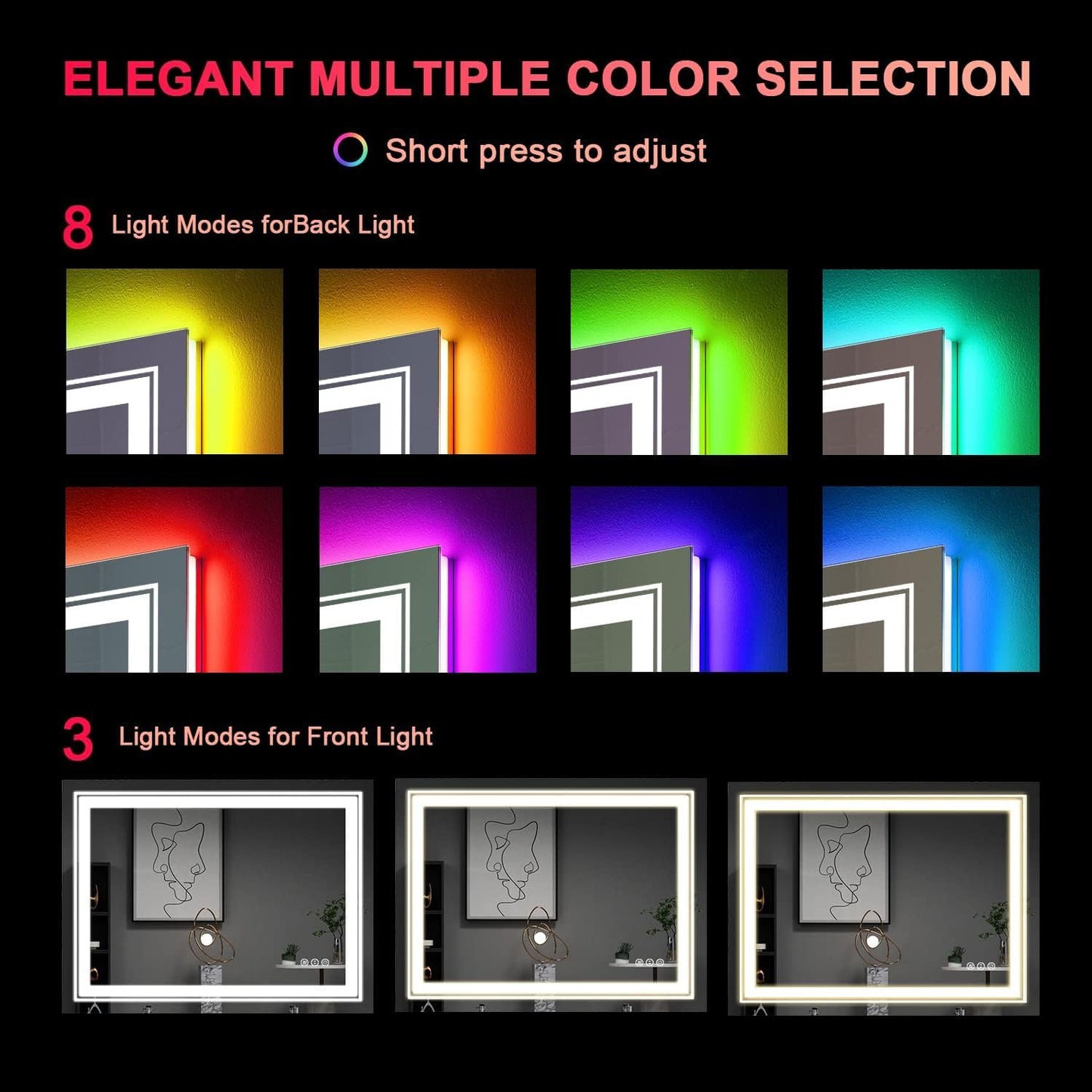 LED Mirror for Bathroom, 40"X32" with 8 RGB Backlit +3 Front Lit (Adjustable Individually), Anti-Fog, Lighted Bathroom Vanity Mirror for Wall, Shatterproof, Memory Function, Tempered Glass