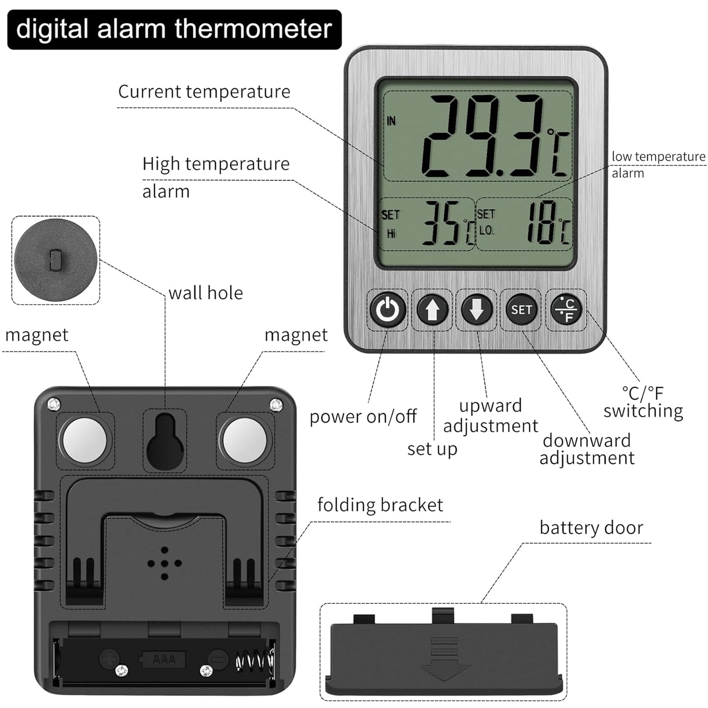 2 pcs Refrigerator Thermometer Freezer Alarm Digital Freezer Thermometer Fridge Thermometer with Extra Sensor high and Low Temperature Alarm (2, Black, ZZ10)