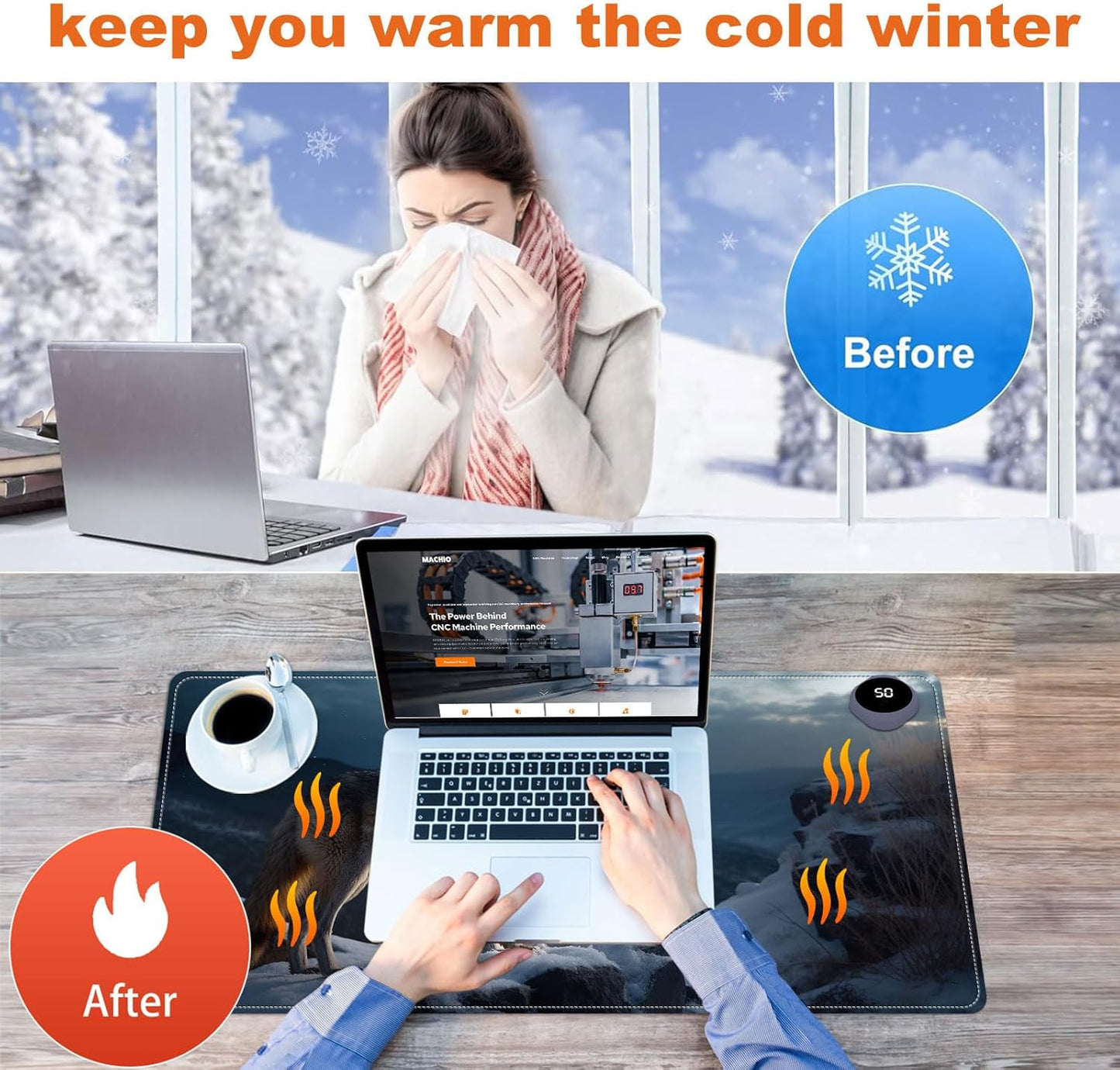 Heated Mouse Pad for Desk 31.5" x 13" – PU Leather Warm Desk Pad with 3 Heat Levels (104°F/113°F/122°F), Plug-in Electric Heating Mat with Auto Shut-Off, Waterproof & Rollable, Lone Wolf