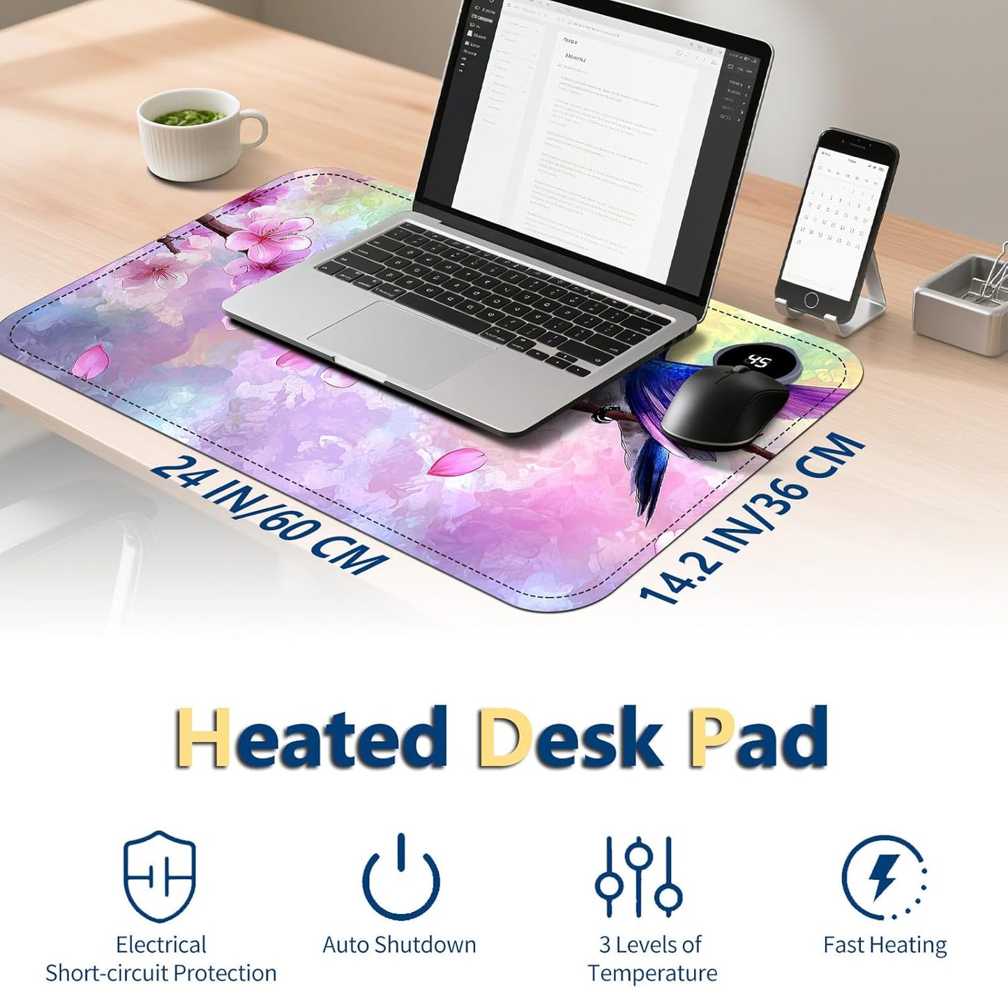 Heated Mouse Pad with 3 Temperature Settings(104°F–122°F),Large 24x14.2 Inch PU Leather Heated Desk Mat,Waterproof Warming Pad for Office,Gaming & Cold Hands Relief,Hummingbird Cherry Bloom