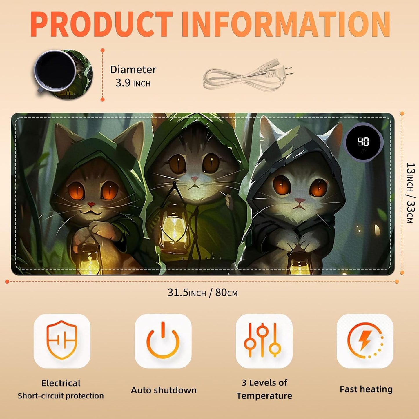 Heated Mouse Pad, Warm Desk Pad, Keyboard Mat 31.5 x 13 Inch Intelligent Fast Heating, 3 Speed Adjustable, Timed Auto Power Off for Game Office Home,3 Cat Apostles Carrying Lanterns