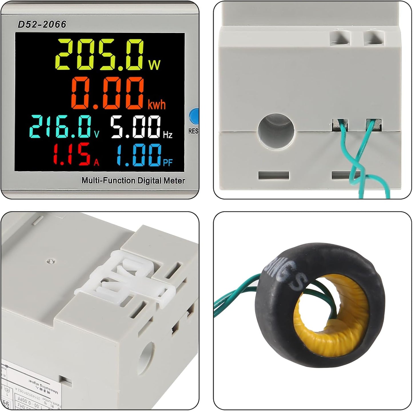 2Pack Single Phase Energy Meter Din Rail Electricity Usage Monitor AC 40-300V 100A Voltmeter Ammeter Watt Kwh Frequency Power Meter External CT 110V