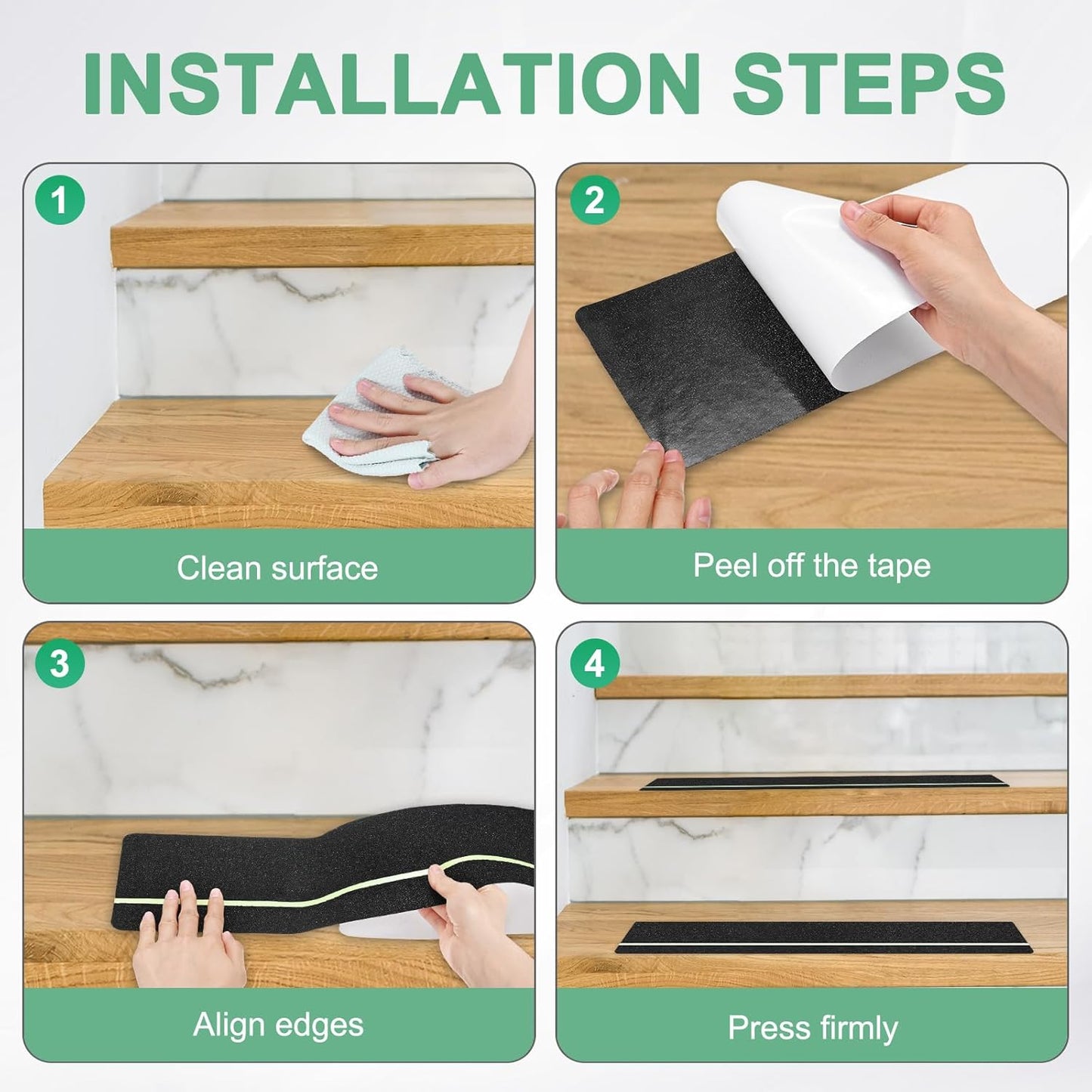 10-Pack Anti Slip Traction Tape 24" x 6" Best Grip Tape Grit with 6mm/0.24" Glow in Dark Stripe High Traction Friction Abrasive Adhesive for Indoor/Outdoor Stairs[Black+Green]