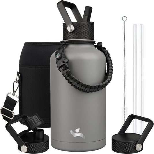 Half Gallon Insulated Water Bottle with Straw,64 oz 3 Lids Water Jug with Carrying Bag,Paracord Handle,Double Wall Vacuum Stainless Steel Metal Flask,Gray