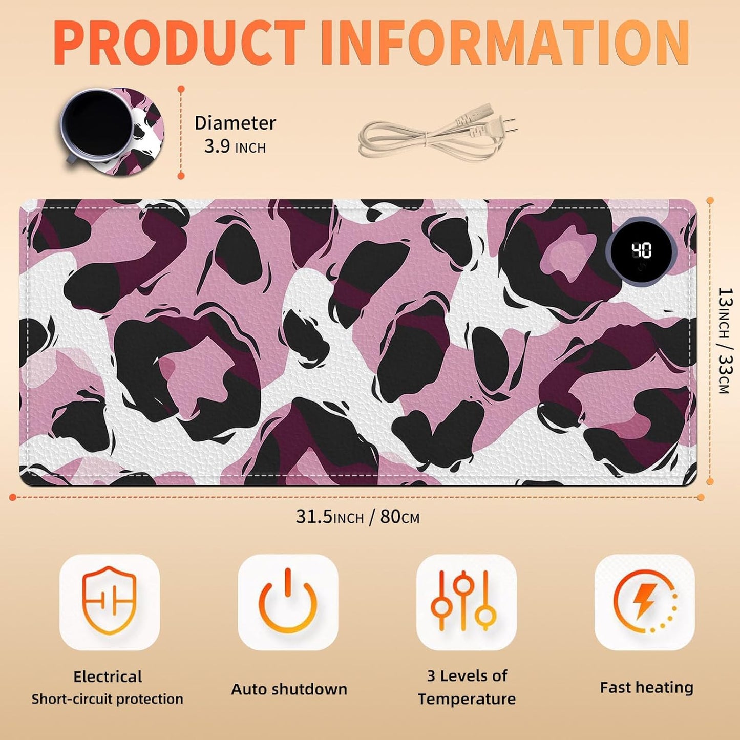 Heated Mouse Pad, Warm Desk Pad, Keyboard Mat 31.5 x 13 Inch Large Size Intelligent Fast Heating, 3 Speed Adjustable, Timed Auto Power Off for Game Office Home,Pink Leopard Print