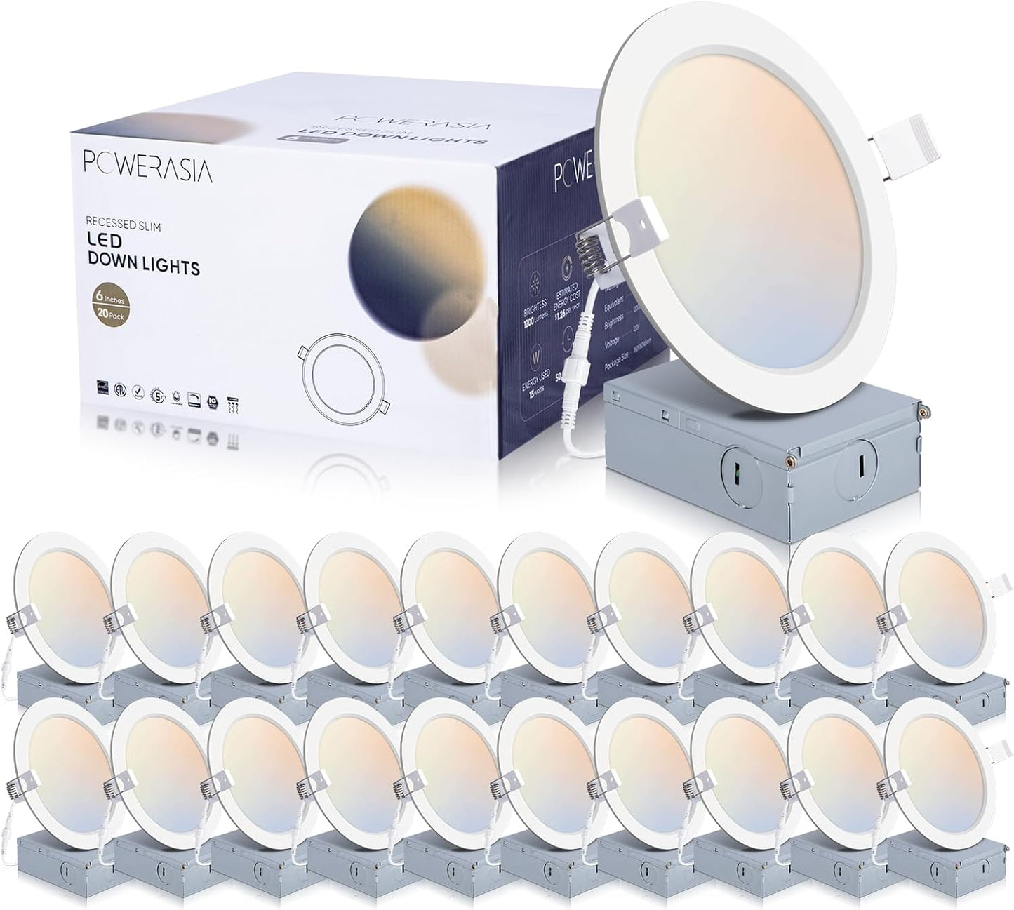 20 Pack 6 Inch LED Recessed Lighting with Junction Box, 5CCT 2700K/3000K/4000K/5000K/6000K Selectable, 15W 1200lm Ultra-Thin Recessed Downlight-ETL and Energy Star Certified