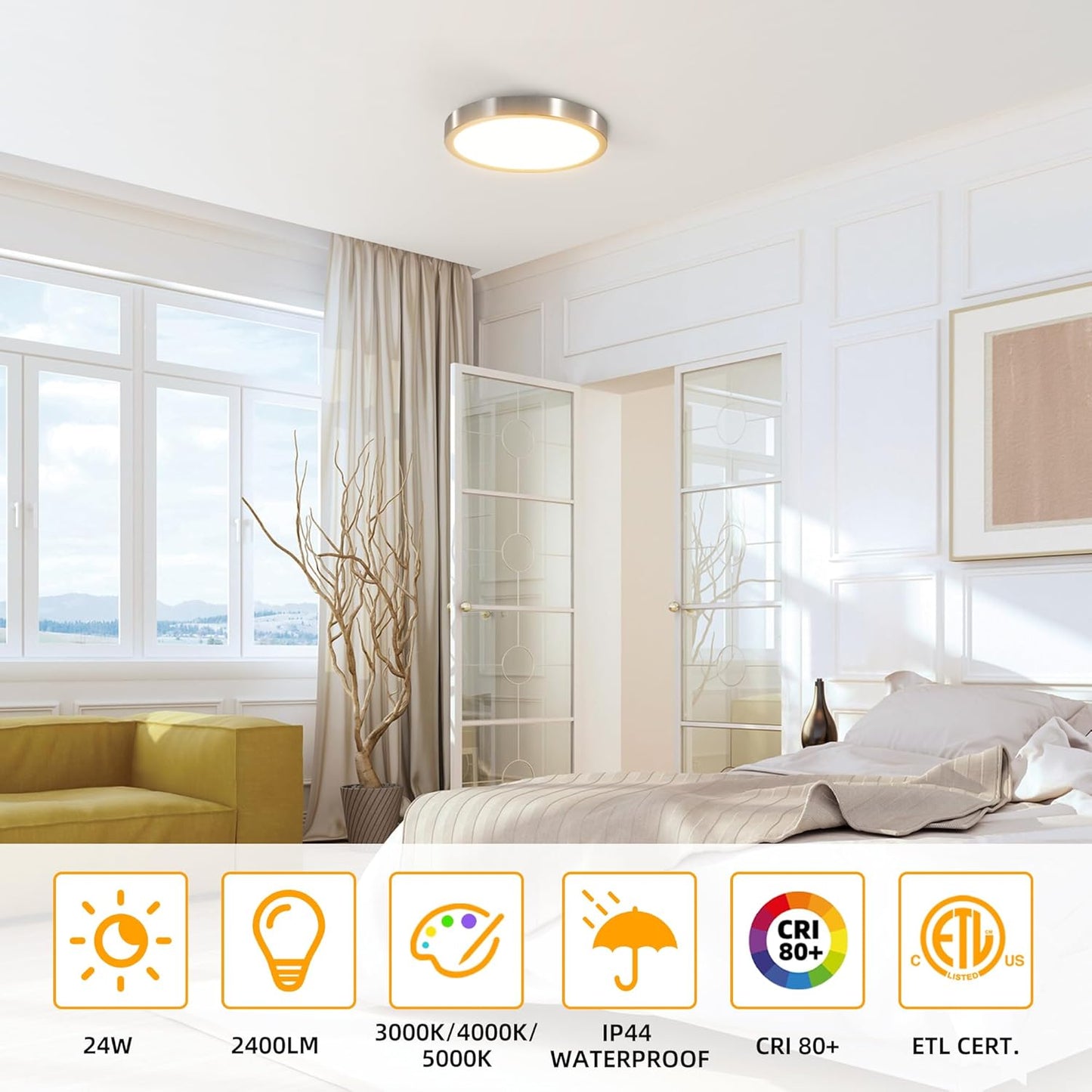 Hlite Brush Nickel 4pack 12 inch Flush Mount LED Ceiling Light Fixture, 24W 2400LM 3000K/4000K/5000K 3CCT Selectable Super Slim Light Fixtures Ceiling Mount for Kitchen, Bedroom