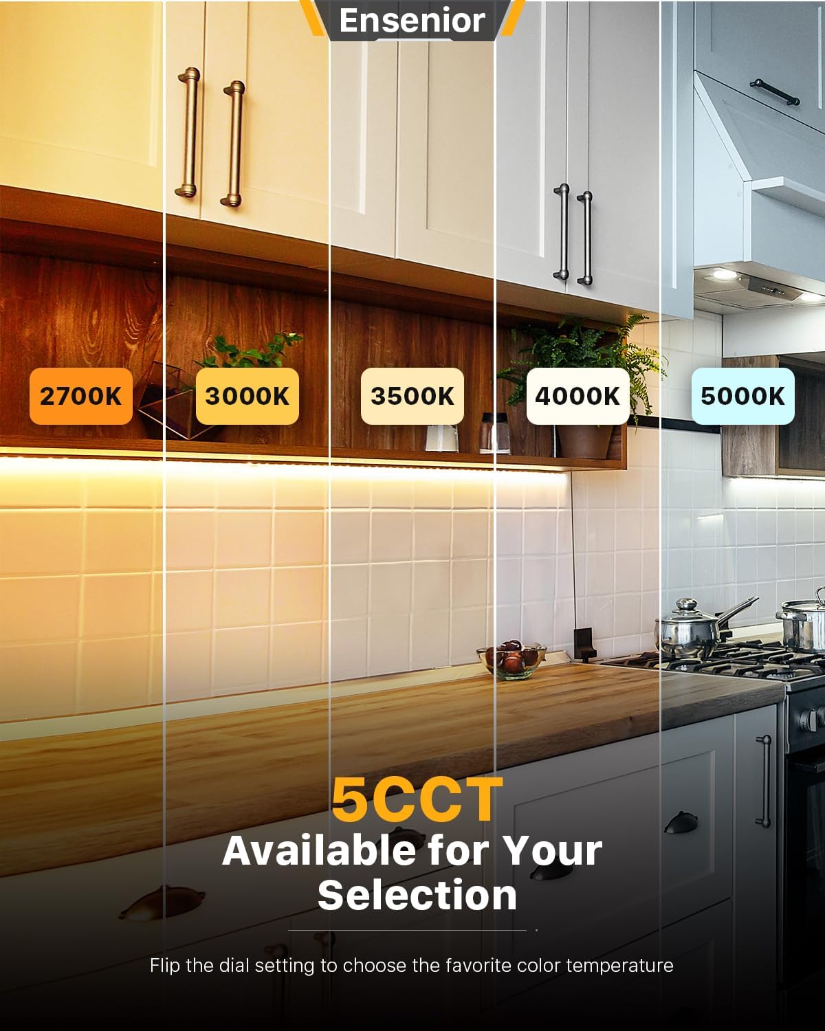 Ensenior 12 Inch LED Under Cabinet Lighting Hardwired or Plug-in Installation, 5CCT Color Selectable - 2700K/3000K/3500K/4000K/5000K, Dimmable Under Counter Lights for Kitchen, FCC, 120V, 8W 500LM