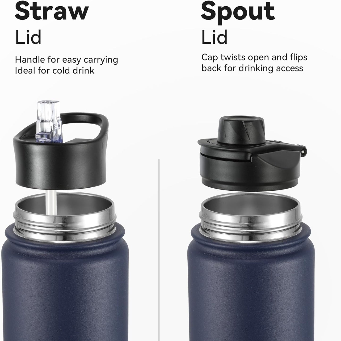 16 oz Insulated Water Bottle with Straw Lids, Stainless Steel Kids Water Bottles for School, Double Wall Vacuum Metal Water Bottle with Straw & Wide Mouth Lid, Navy 8 Pack
