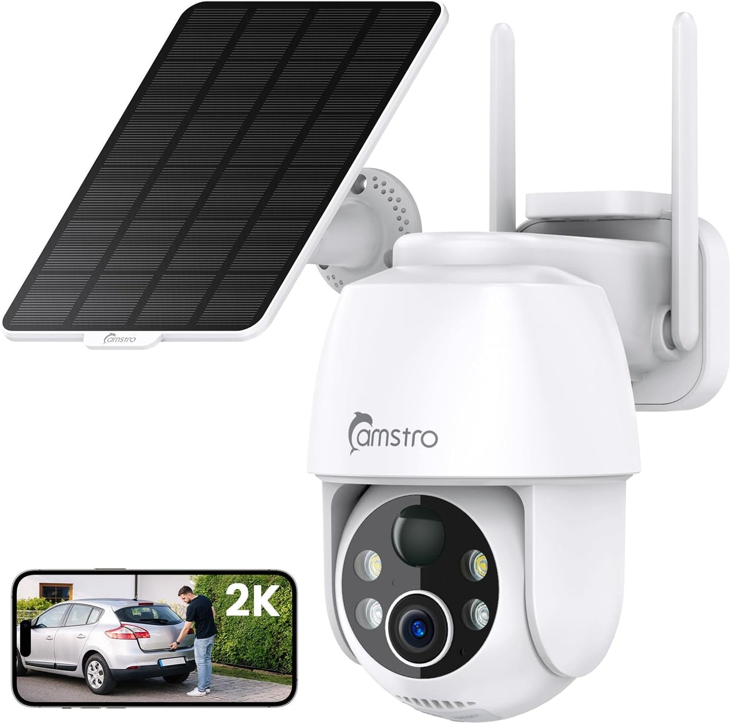 2K Solar Security Camera Wireless Outdoor,2.4G WiFi & 360˚ PTZ Battery-Powered Camera,PIR Sensor,Color Night Vision,AI Motion Detection,2-Way Audio,Alexa/Google Assistant,SD Card/Cloud Storage