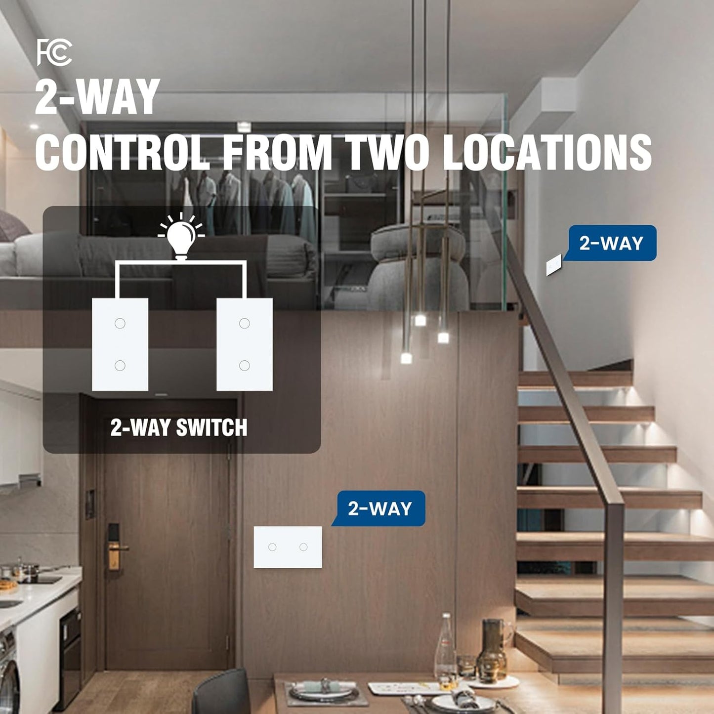 2 Way Light Switch 118X72X34MM No Neutral Wire, Wall Touch Switch 1000W, Tempered Glass Panel, FCC, White 2 Gang