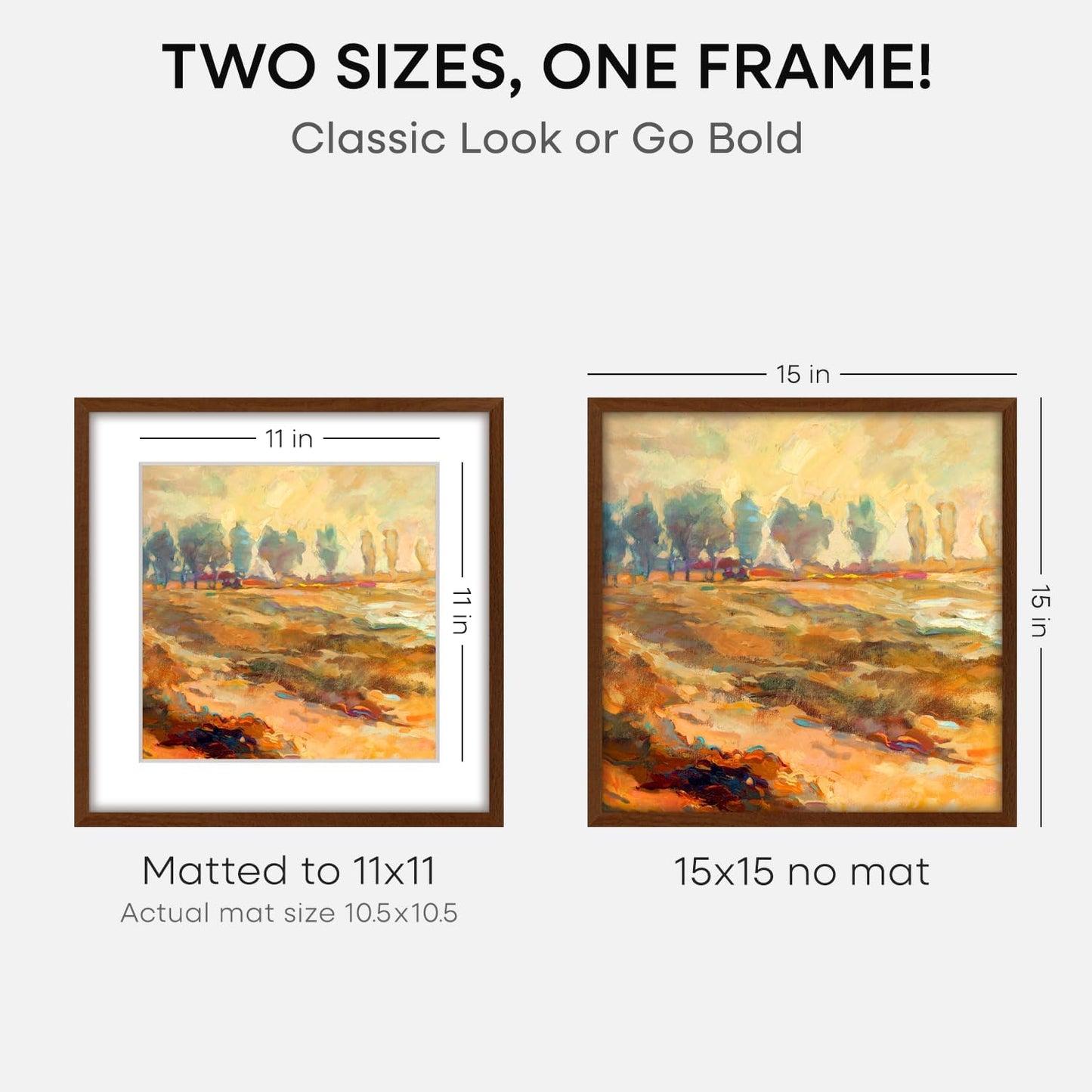 Homeforia 15x15 Picture Frame Brown, High End Dark Oak 15 x 15 Square Wood Frame with Mat 11 x 11 for Photo, 15by15 Wooden Walnut Poster Frame Matted to 11x11 Print, Tempered Glass, Wall Kit, Set of 1