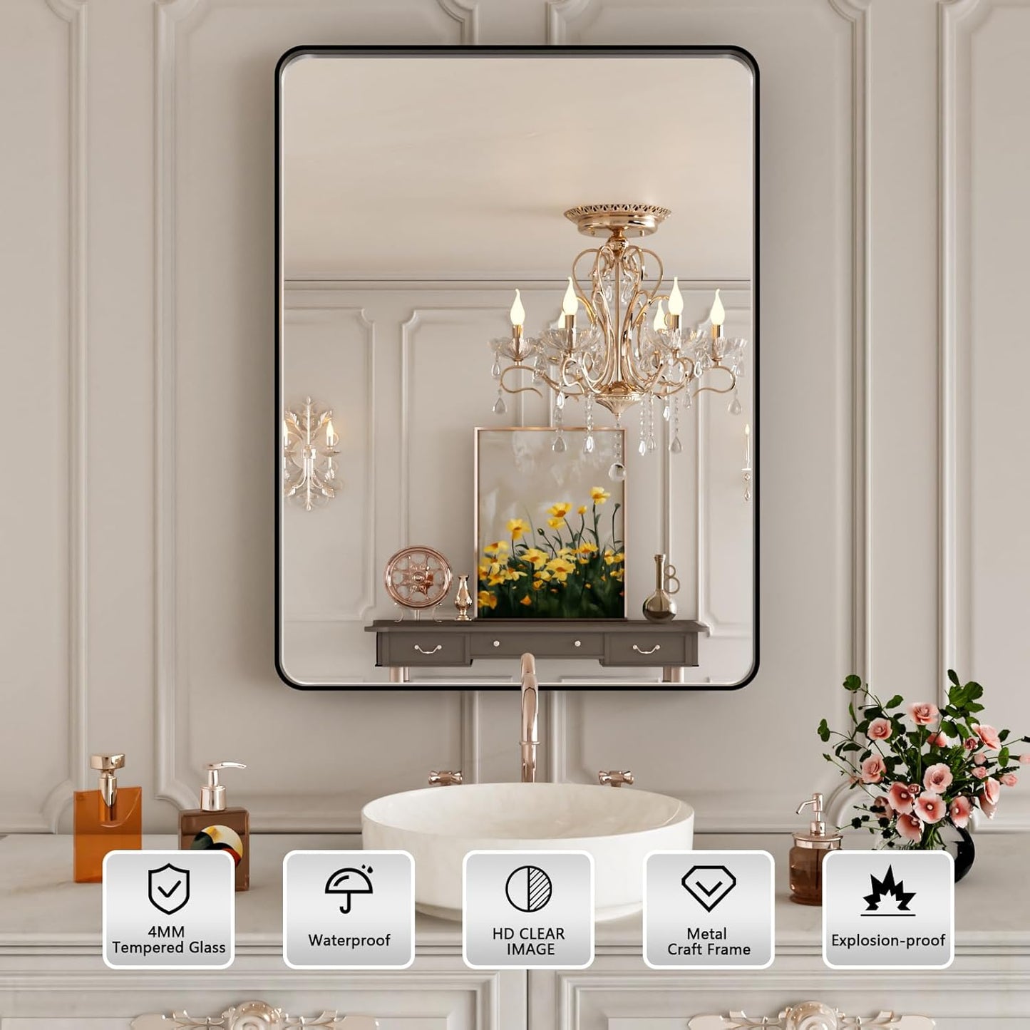 22x30 Inch Black Bathroom Mirror,Rectangle Wall Mirror for Bathroom,Round Corner Matte Black Metal Framed Mirror(Horizontal/Vertical)
