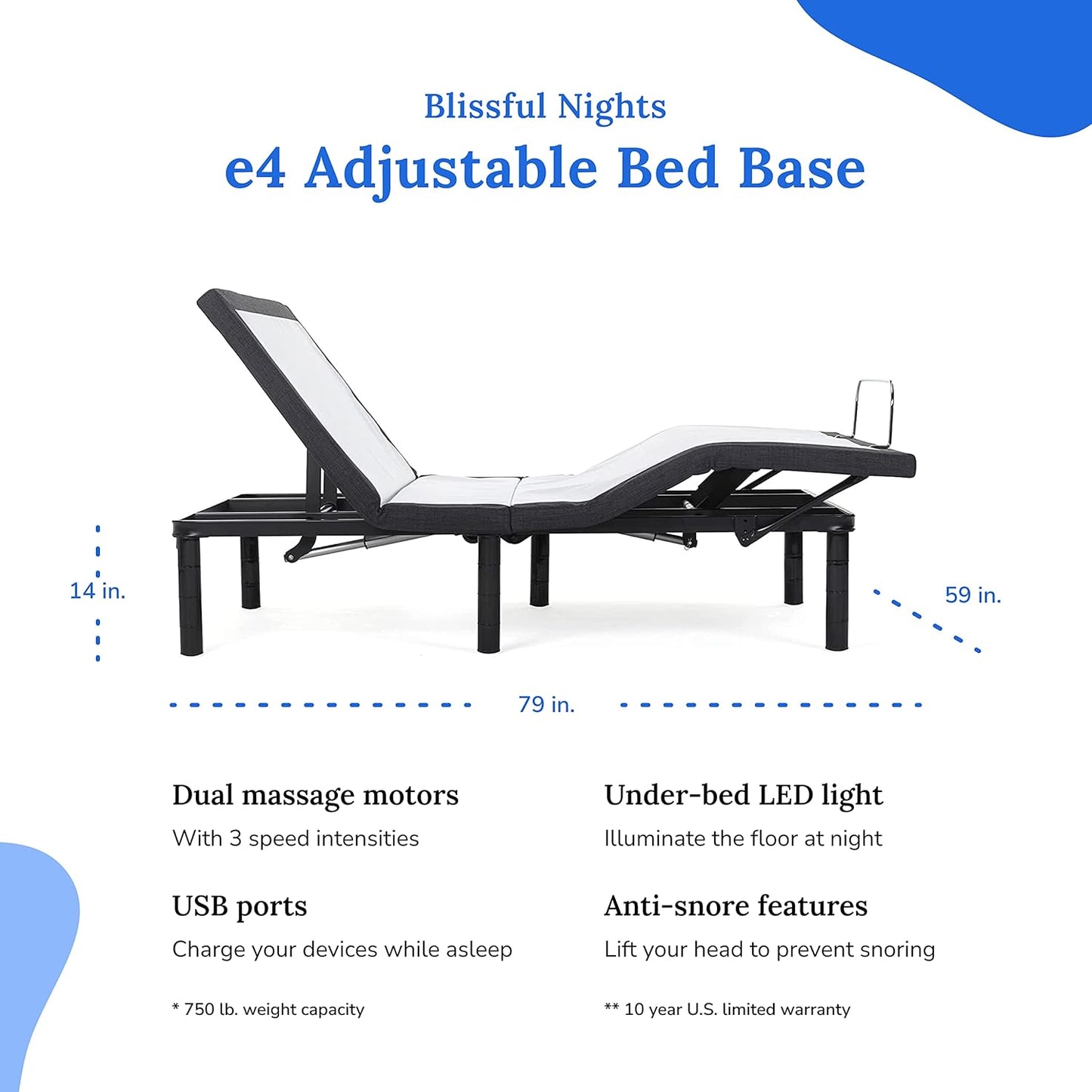 Blissful Nights e4 Queen Adjustable Bed Base Frame with 10" Medium Firm Gel Infused Memory Foam Mattress