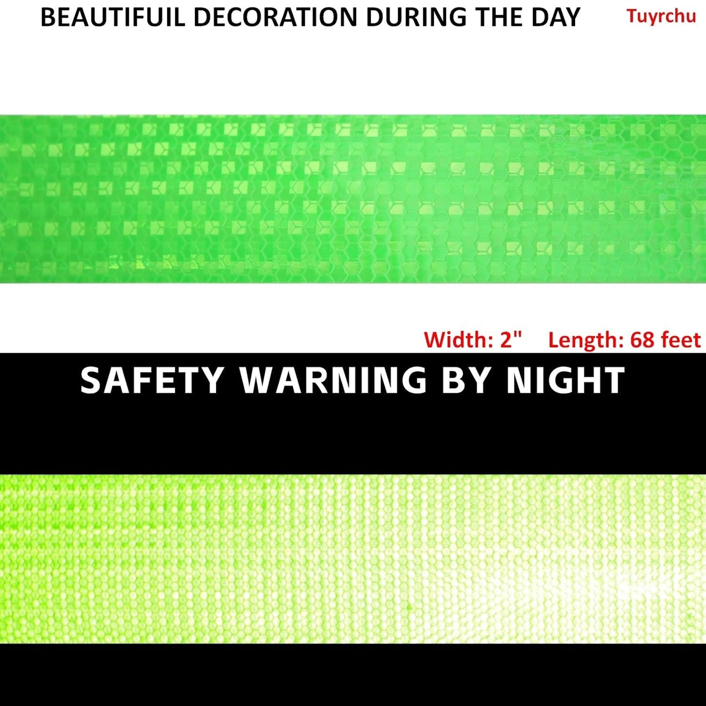 Green Reflective Tape Outdoor Waterproof 2 inch, High Visibility Warning Industrial Marking Tape, Safety Stickers (68 feet)