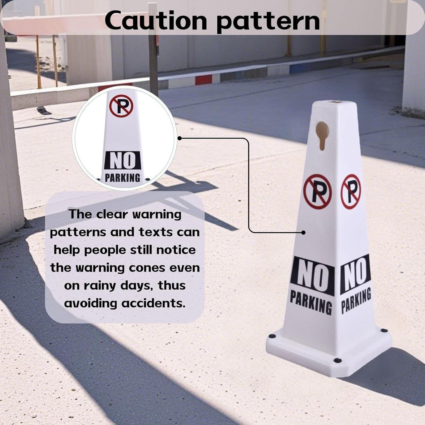 26.5" Caution Cones, 4-Sided Visible Safety Signs with Heavy Rubber Base, Warning for Slip & Fall Prevention, Indoor/Outdoor Use (8, No Parking-White, 26.5 inch)