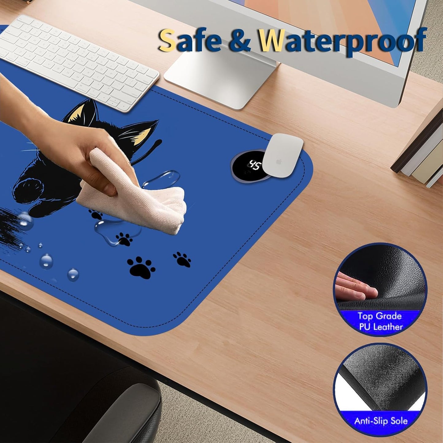 Heated Mouse Pad with 3 Temperature Settings(104°F–122°F),Large 24x14.2 Inch PU Leather Heated Desk Mat,Waterproof Warming Pad for Office,Gaming & Cold Hands Relief,Cute Black Cat