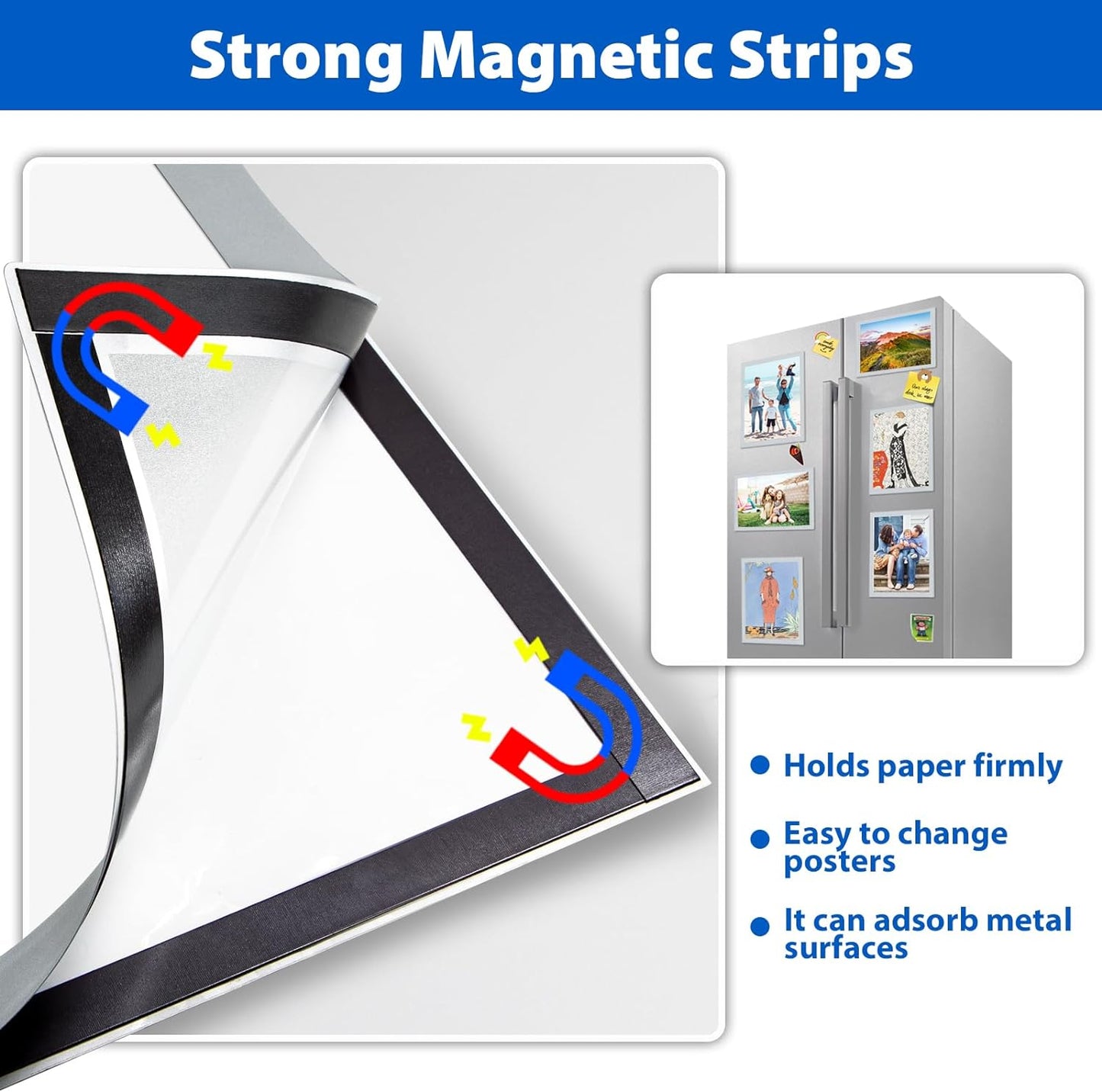 20 Pack Magnetic Sign Holder 8.5 x 11, Self-Adhesive Magnetic Picture Frame & Document Holder for Wall, Door, Fridge, Glass - Double-Sided Magnetic Frame for Poster & Paper Display (Silver)