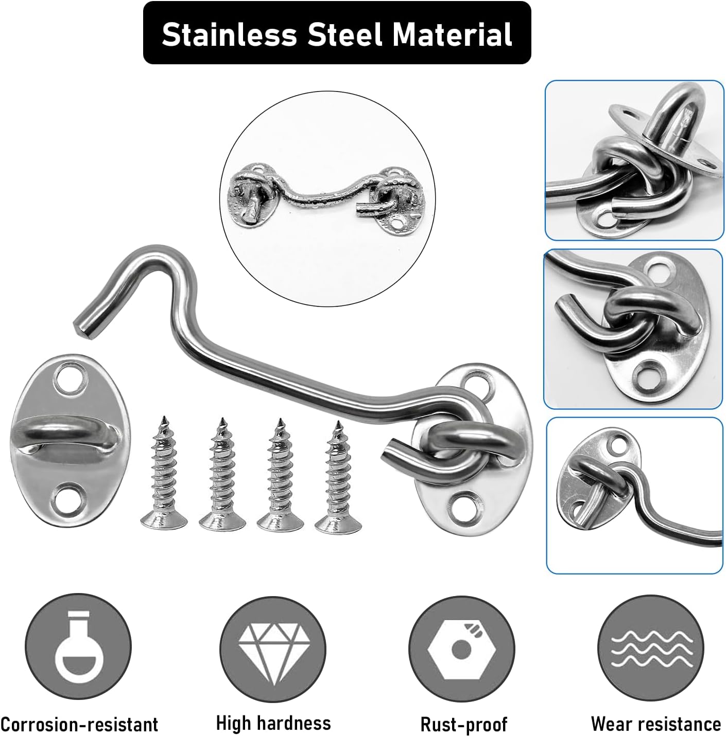 2-Pack 8Inch Door Lock Gate Latch Premium Stainless Steel Hook and Eye Gate Latch Cabin Hook with 16pcs Screws, Silver