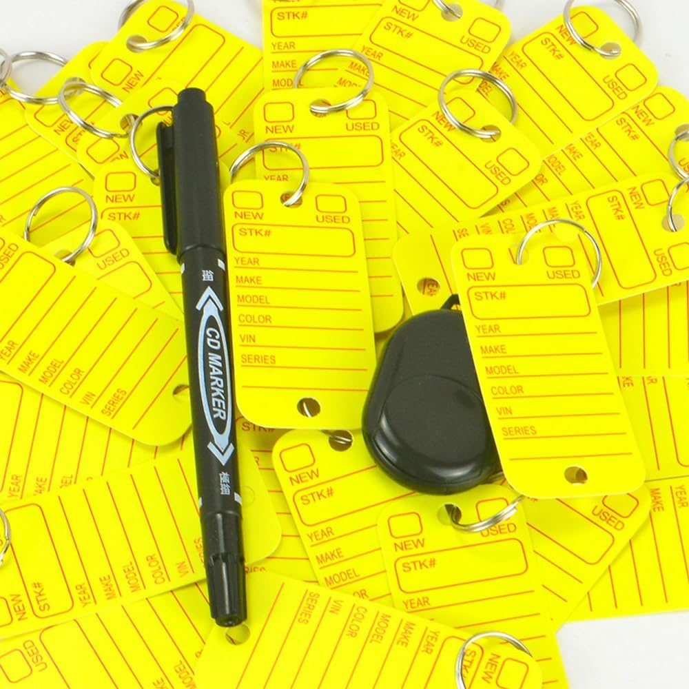 200 Pcs PVC Tags with Labels and Rings, Car Key Tags for Organization, Identifiers, and Luggage Tags with 2 Pcs Markers, Plastic Keychain Tags for Car, Truck, and Dealer Use (Yellow)