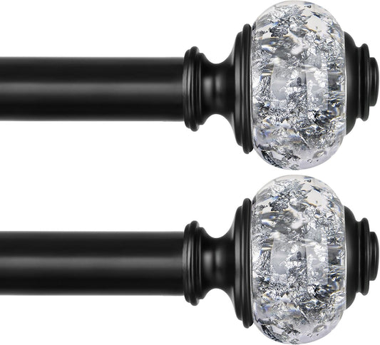 2 Pack Black Curtain Rods, 1 Inch Telescoping Drapery Rod 28 to 48 inch (2.3 to 4 ft), USFOOK Curtain Rods for Windows, Silver Translucent Finials