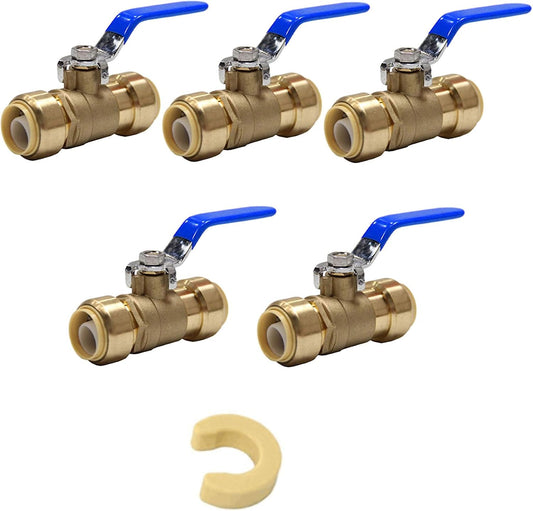 (Pack of 5) EFIELD 3/4 Inch Ball Valve for Push-Fit Full Port Ball Valve Blue Handle with a Disconnect Clip, UPC Certified (Blue),(PF-VALVE048-5PCS)