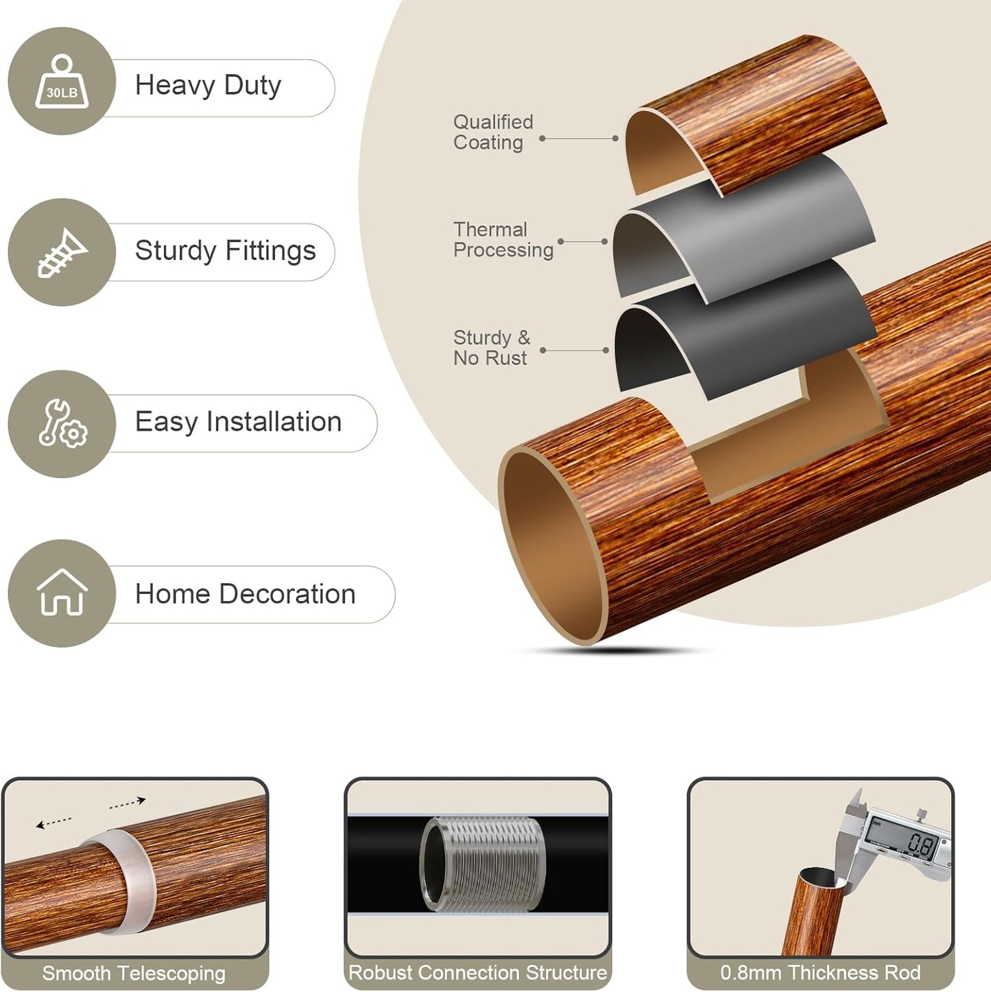 2 Pack Reddish-Brown Wood Curtain Rods for Windows 48 to 84 Inch, 1'' Adjustable Heavy Duty Curtain Rod，Vintage Imitation Wood Decorative Drapery Rods with Pumpkin Finials for Living Room