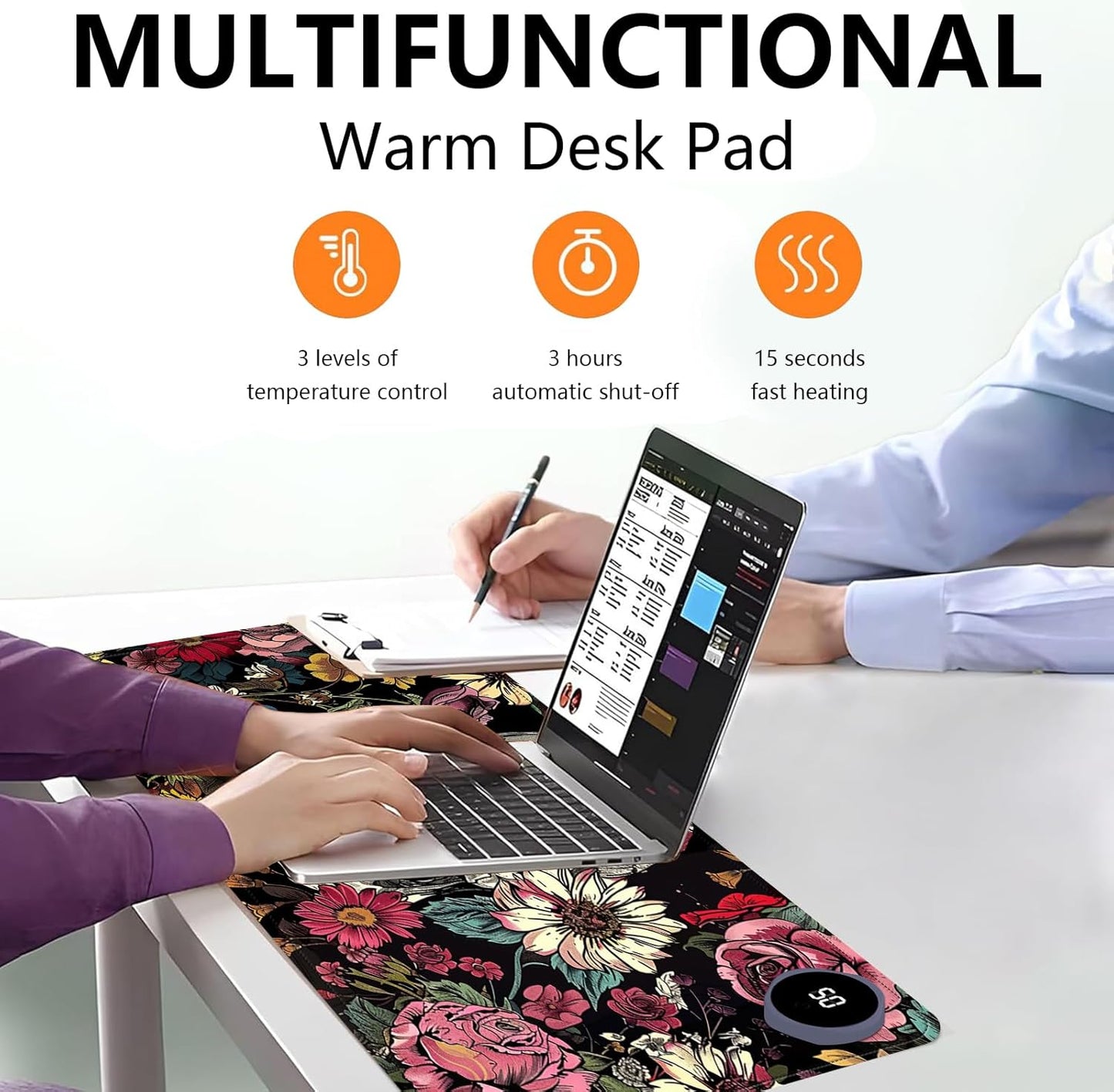 Heated Mouse Pad with 3 Levels Heated & 3 Hours Auto Shut-Off Mouse Pad for Warming Hands in Office Home, 31.5" x 13"Large Safe Desk Mat Hand Warmer，Skull in Flowers