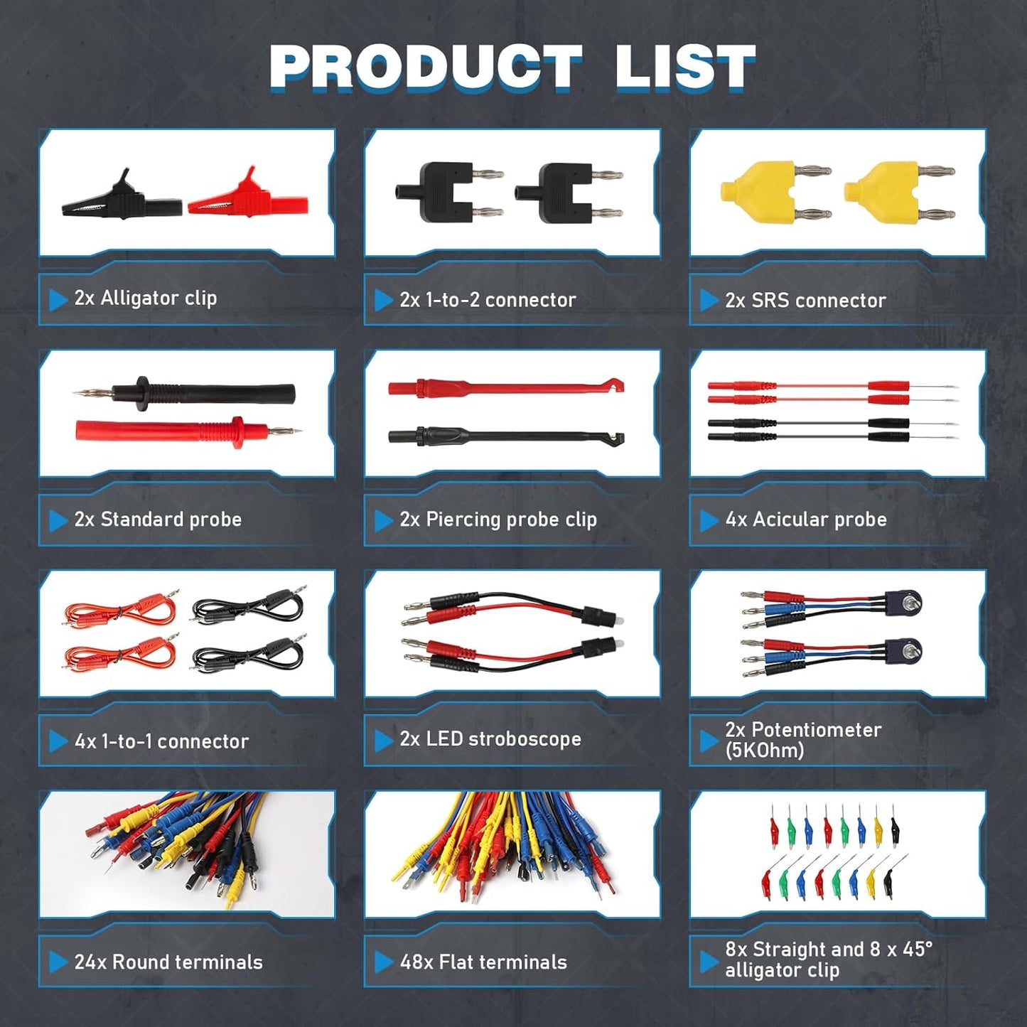 110PCS Automotive Circuit Test Lead Kit, Multimeter Leads Kit,Multi Function Auto Diagnostic Tools with Power Back Probes Test Lead Set Wire Connectors Set with Black Carrying Case,Alligator Clips