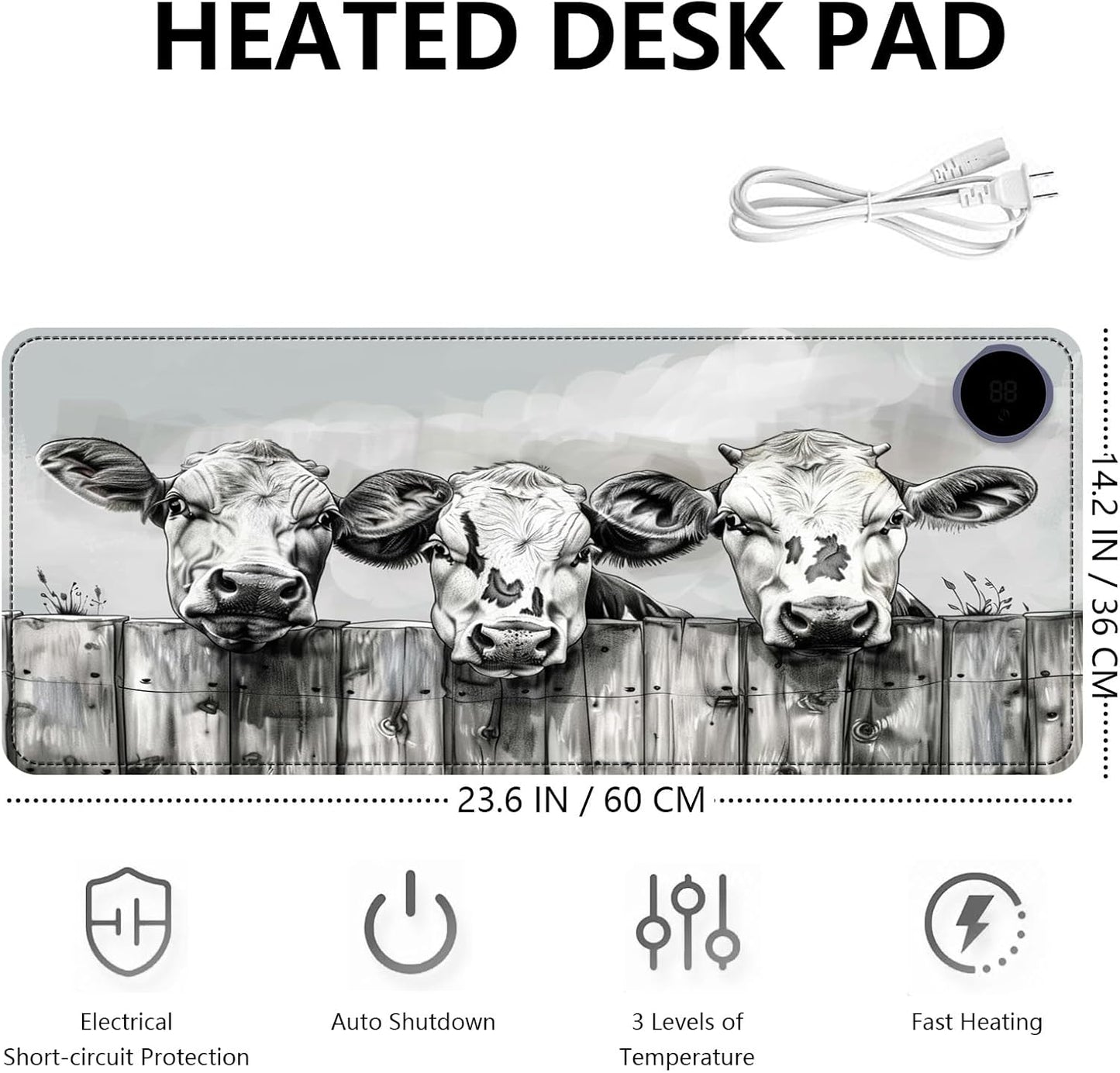 Heated Mouse Pad with 3 Levels Heated & 3 Hours Auto Shut-Off Mouse Pad for Warming Hands in Office Home, 23.6" x 14.2"Large Safe Desk Mat Hand Warmer，Three Lovely Cows