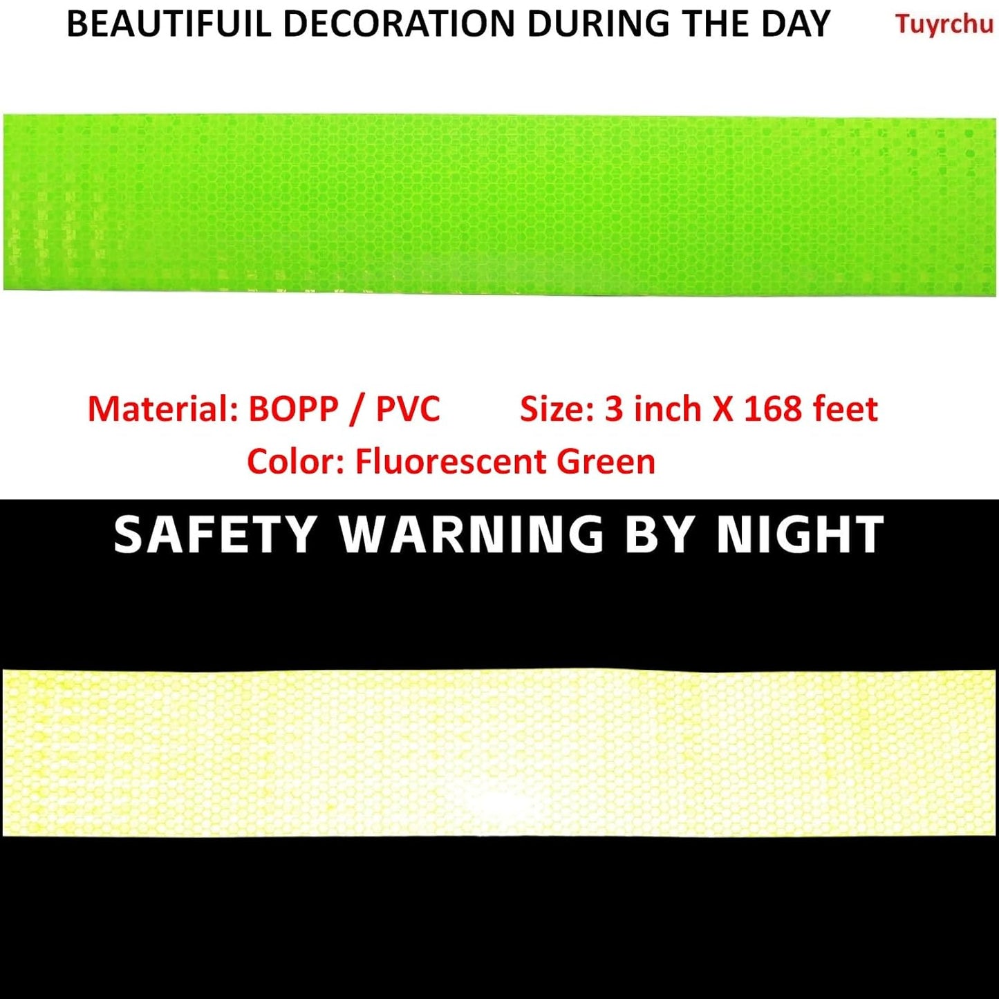Fluorescent Green Reflective Tape Outdoor Waterproof 3 inch Wide, High Visibility Warning Industrial Marking Tape, Safety Stickers (168 feet)