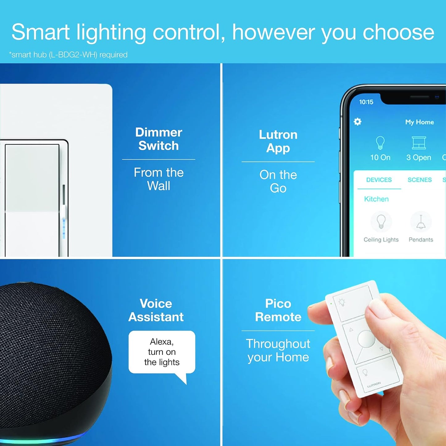 Lutron Diva Smart Dimmer Light Switch for Caseta Lighting (Lutron Smart Hub Required), for LED Lights, 150W, Single-Pole/3-Way, No Neutral, White, 9 Pack