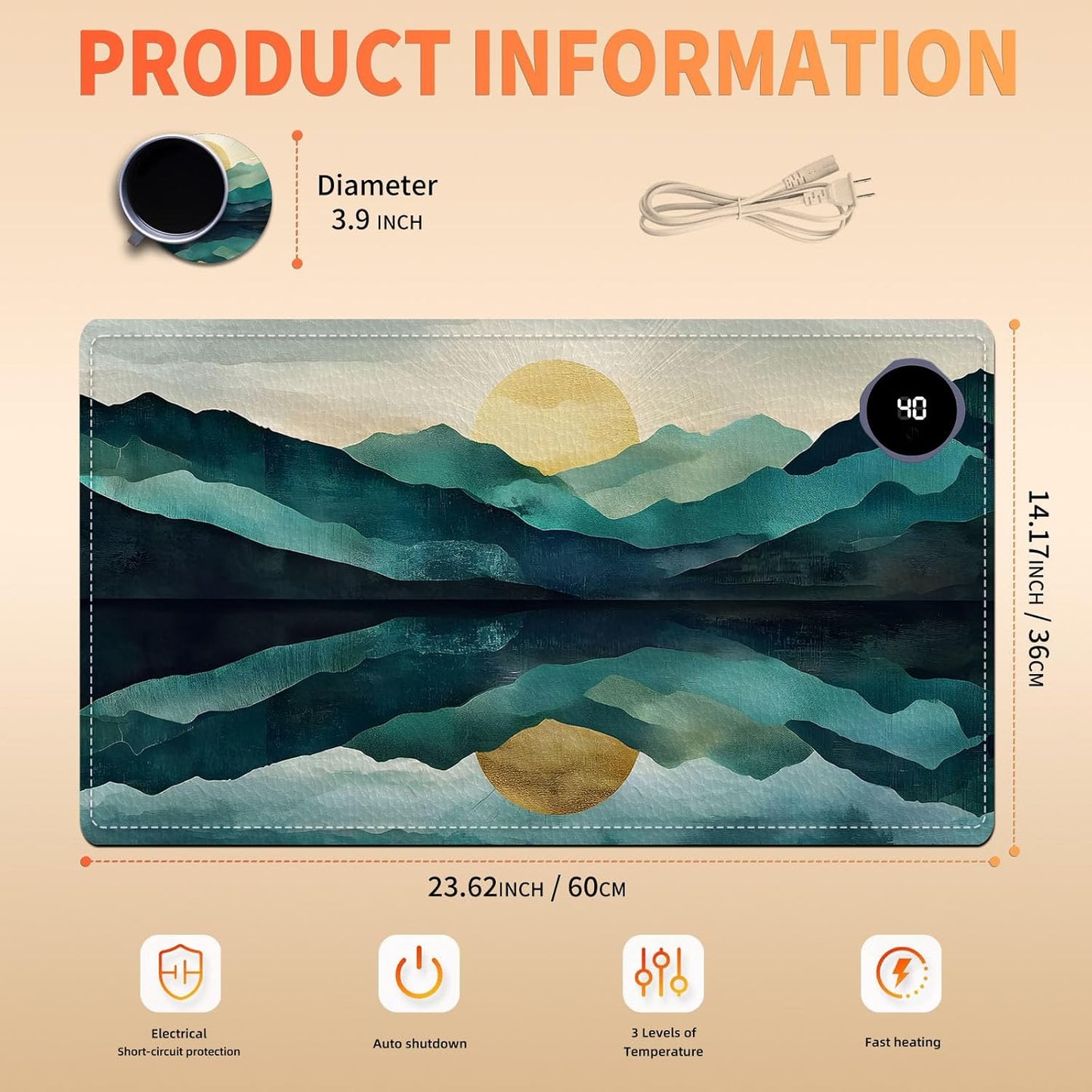 Heated Mouse Pad, Warm Desk Pad, Keyboard Mat 23.6 x 14 Inch Large Size Intelligent Fast Heating, 3 Speed Adjustable, Timed Auto Power Off for Game Office Home, Valley Sunrise