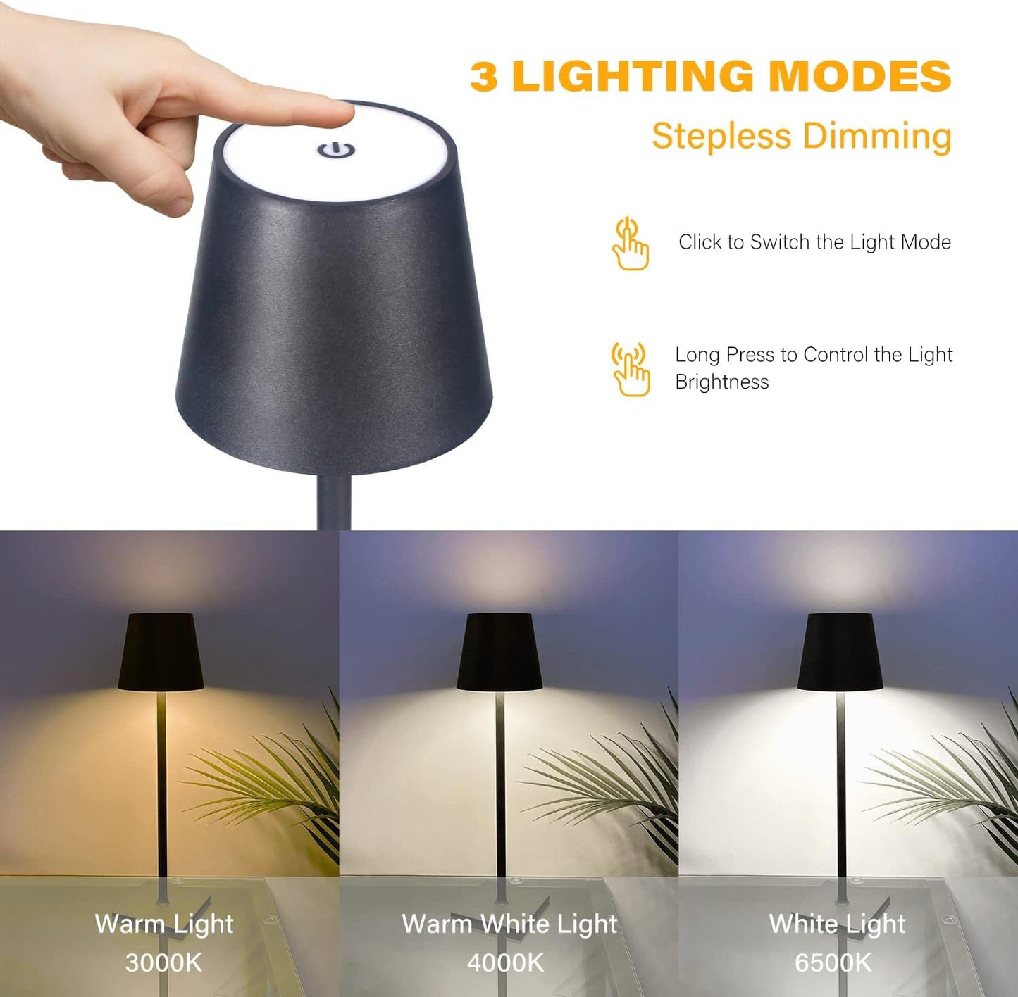 2 Pack Cordless Table Lamps, 3 Colors Stepless Dimming, 5000mAh Rechargeable Battery LED Desk Lamp for Bedroom/Couple Dinner/Desk/Cafe/Dining Room/Terrace