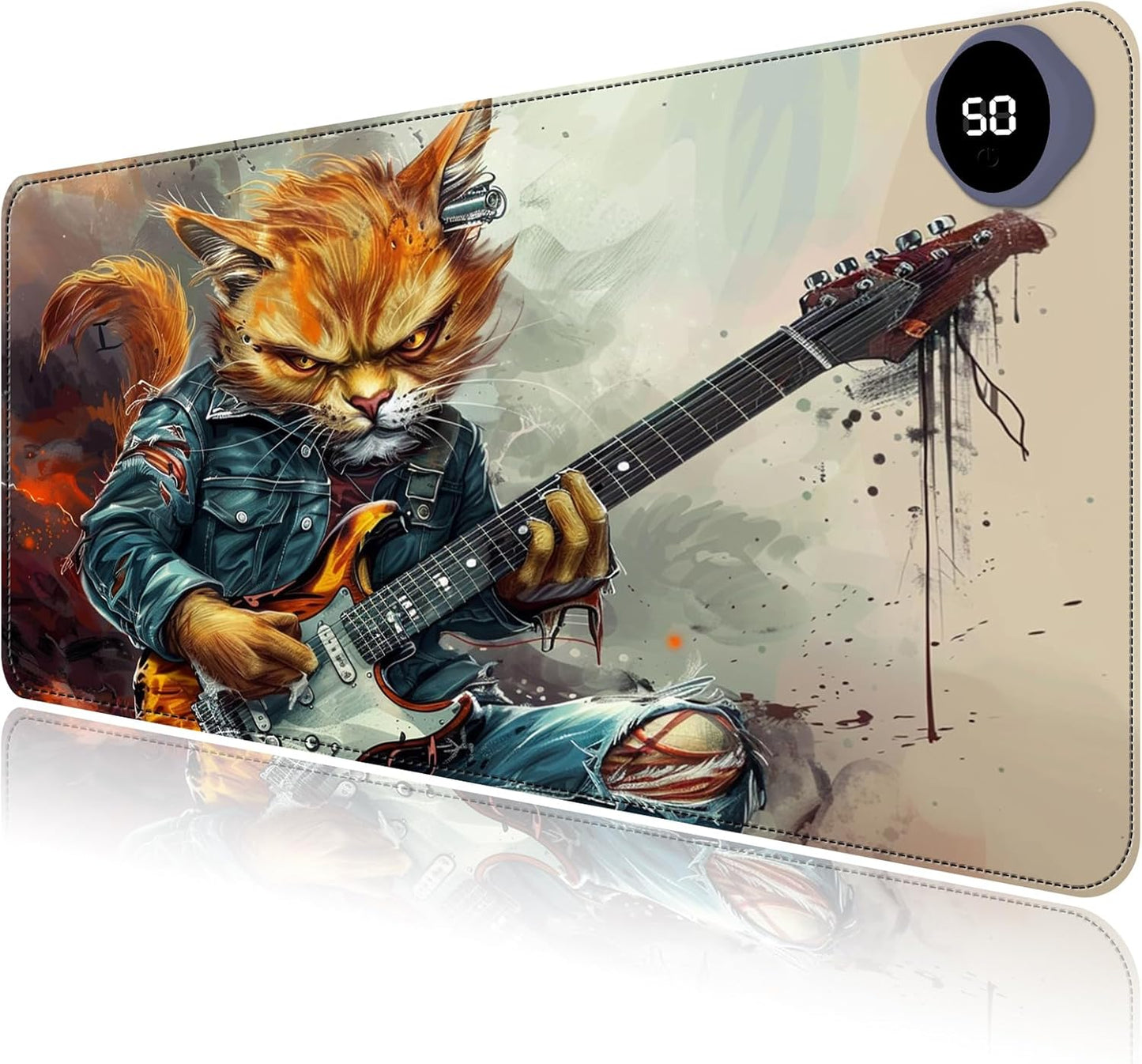 Heated Mouse Pad with 3 Levels Heated & 3 Hours Auto Shut-Off Mouse Pad for Warming Hands in Office Home, 31.5" x 13"Large Safe Desk Mat Hand Warmer，Cat Playing Guitar