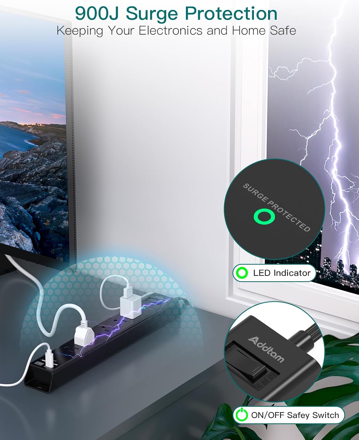 15Ft Extension Cord - Addtam Long Cord Power Strip with 6 AC Outlets and 4 USB Ports(2USB C), Wall Mount with Surge Protection, Multi Plug Outlets for Home Office College Dorm Room Essentials