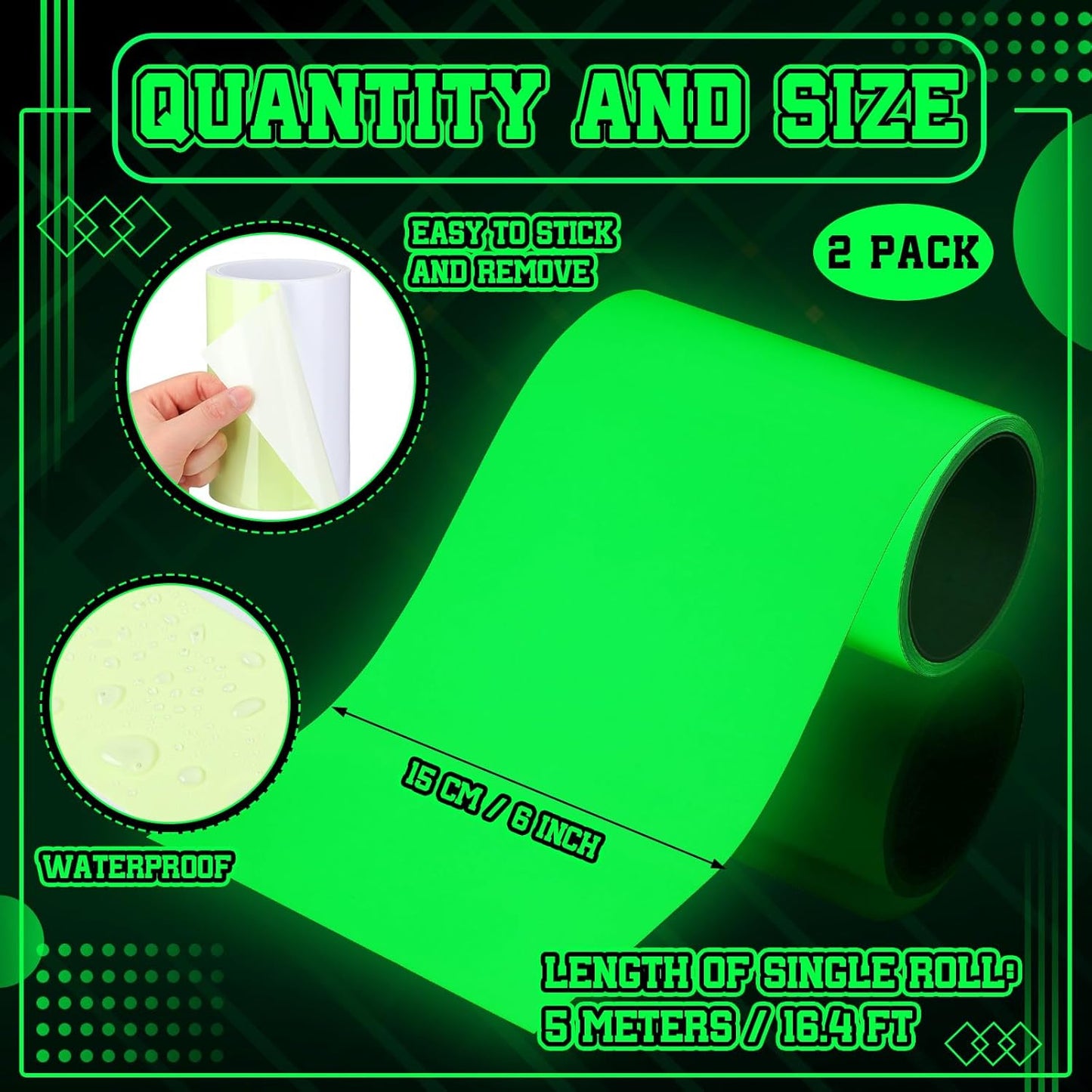 2 Rolls Glow in The Dark Tape 16.4 ft x 6 Inch Luminous Phosphorescence Green Long Lasting Bright Glow Tape for Halloween Night Decorations, Theater Stages, Stairs, Walls, Steps and Exit Sign