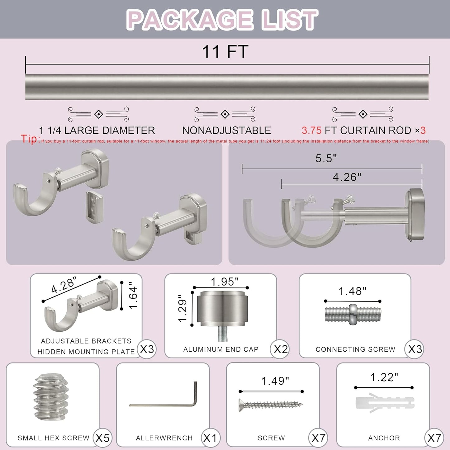 Heavy Duty Curtain Rods,1 1/4" Large Diameter Premium Nonadjustable Curtain Rod,132in/11ft Custom Window Treatment Rods with Durable Aluminum Brackets and End Caps,Brushed Nickel Finish
