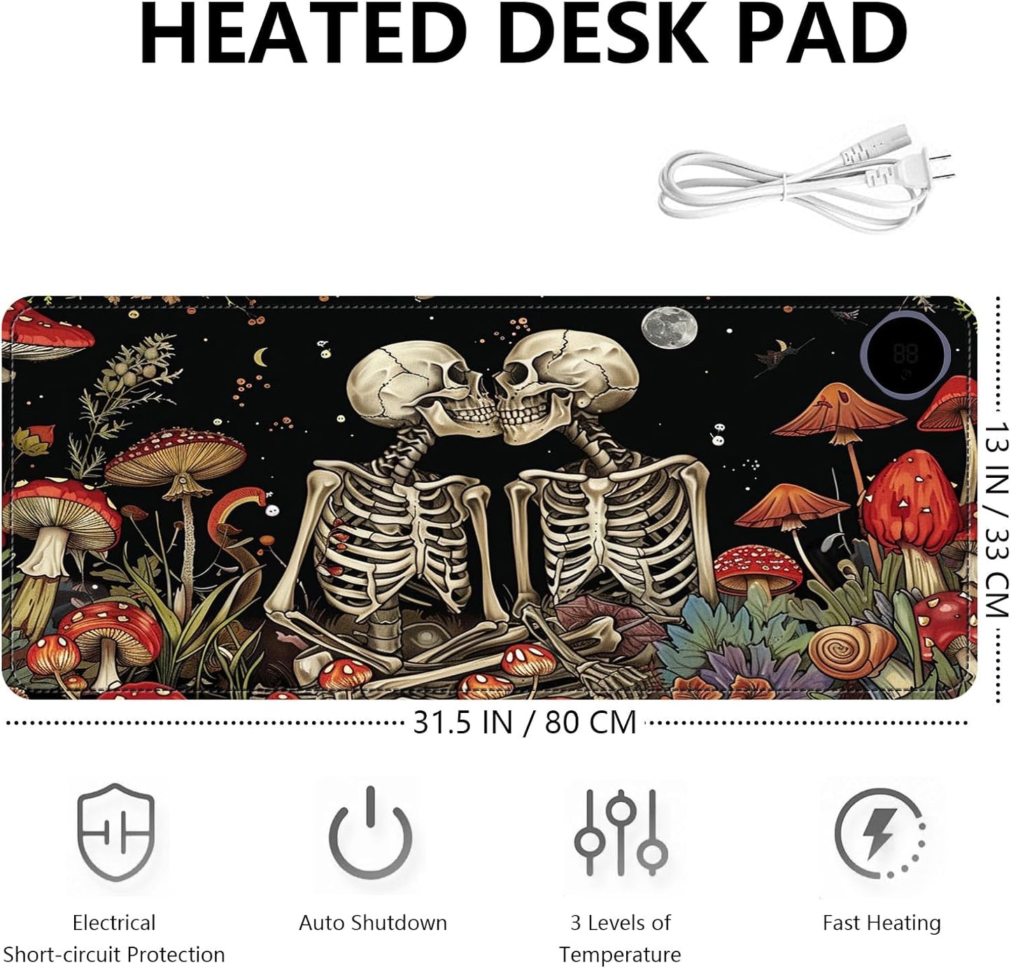 Heated Mouse Pad with 3 Levels Heated & 3 Hours Auto Shut-Off Mouse Pad for Warming Hands in Office Home, 31.5" x 13"Large Safe Desk Mat Hand Warmer，Kiss Skull