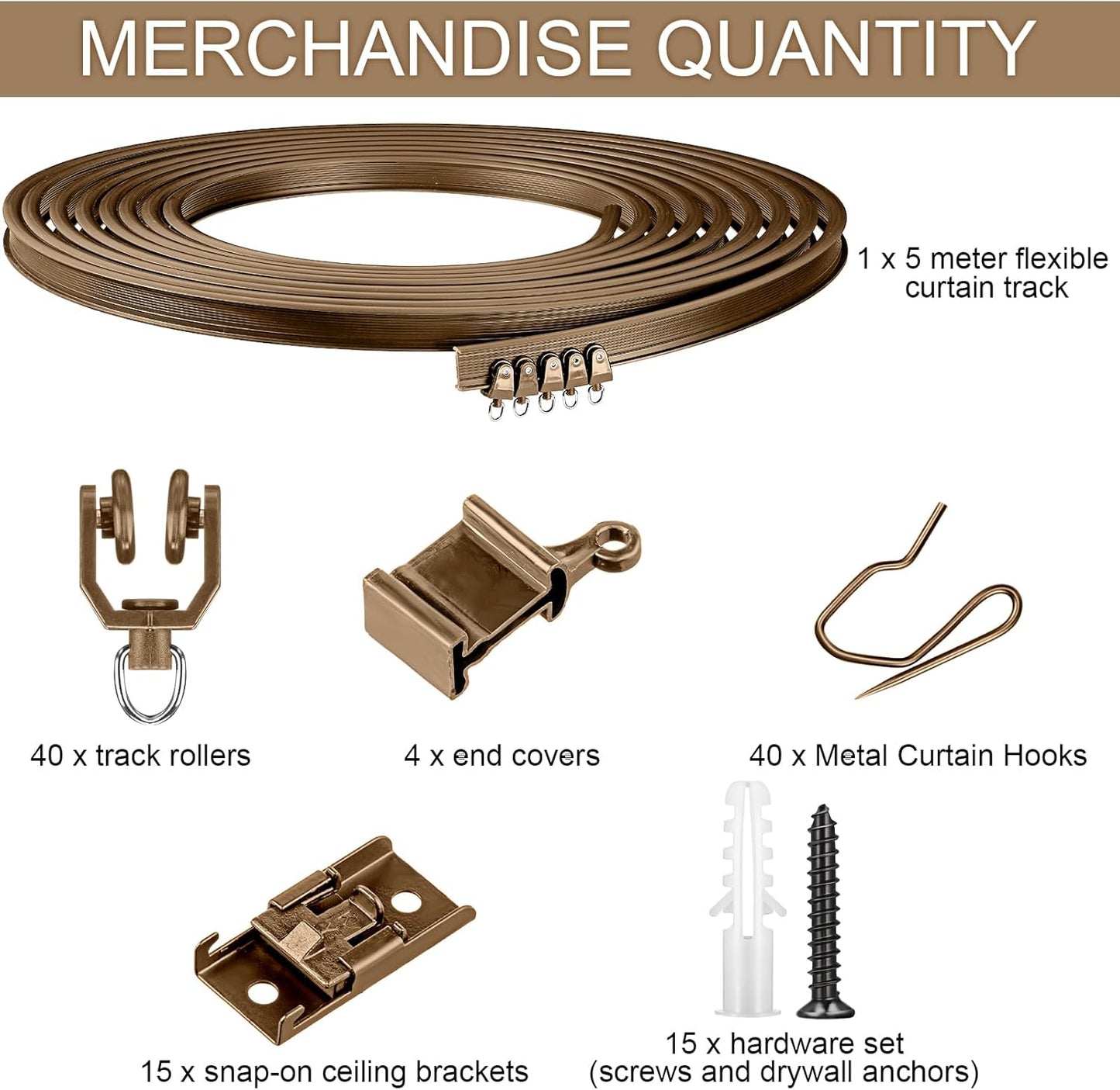 Jetec Curtain Tracks Ceiling Flexible Curtain Track Bendable Rail Curved Wall Mounted for Living Room Bedroom Divider Rod RV(5 Meter/ 16.4 Feet,Brown)