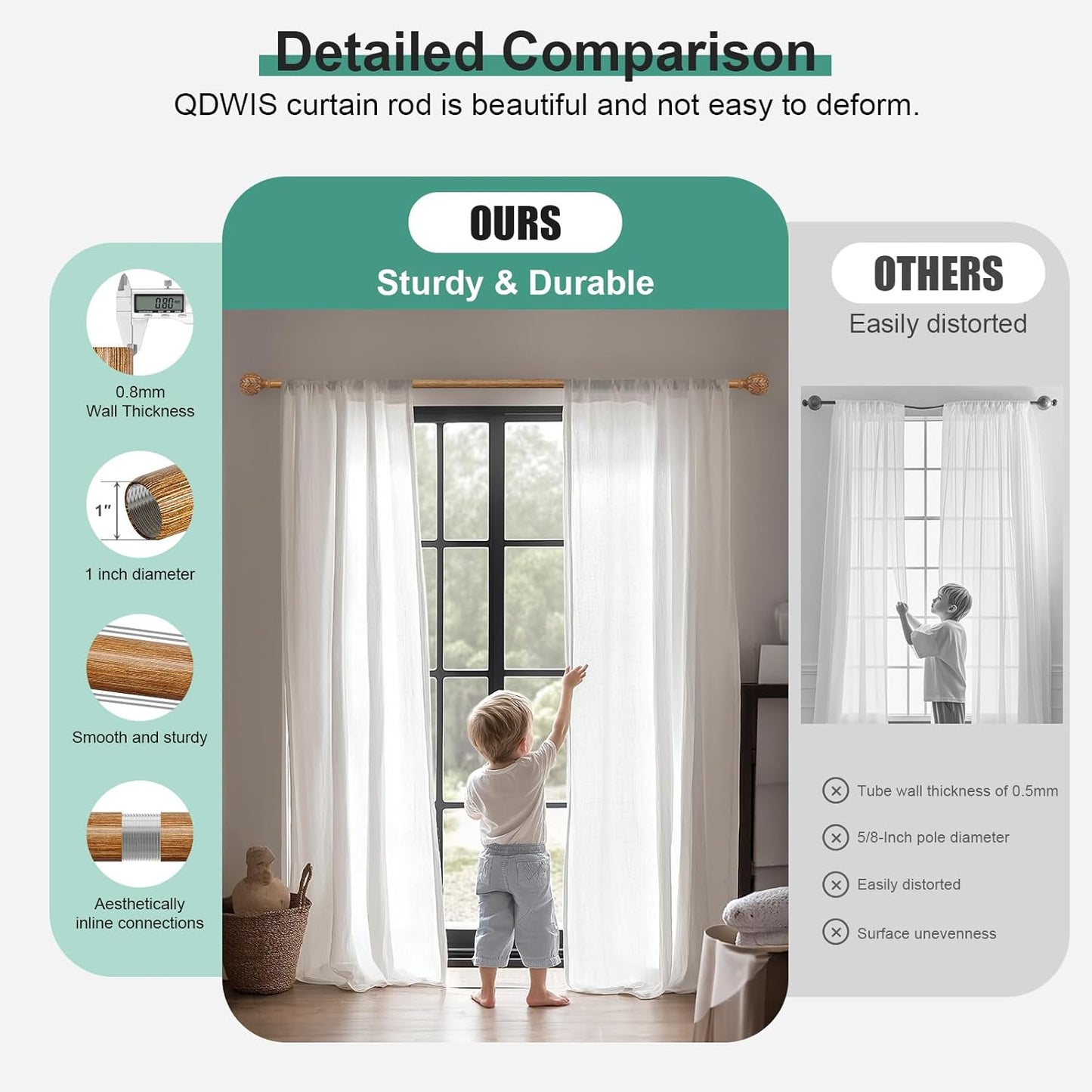 2 Pack Boho Wood Curtain Rods for Windows 48 to 84 inch,1" Adjustable Heavy Duty Window Curtain Rod with Imitation Wood Grain Finials,Rustic Decorative Drapery Rods Set 36-88'',Natural Wood