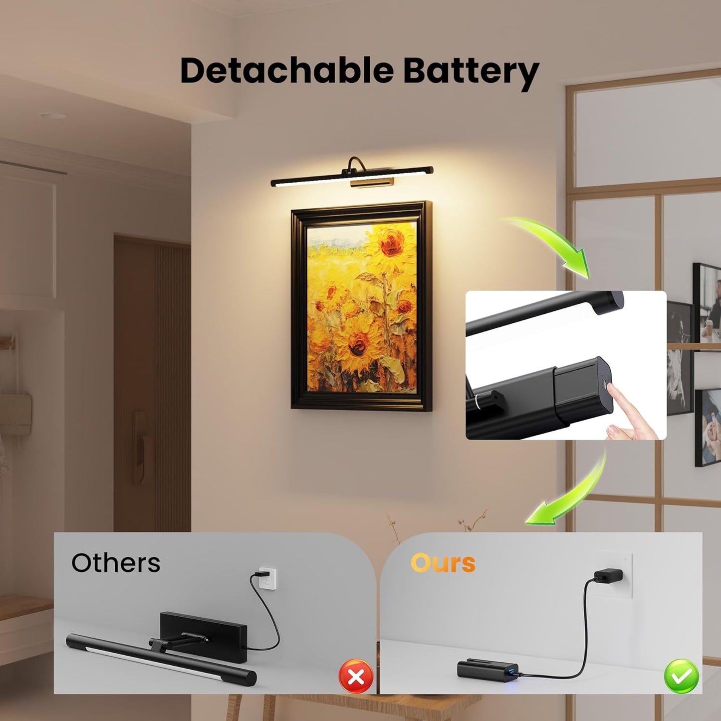 2 Pack Light for Pictures on Wall Black 8000mAh - 24" Cordless Battery Powered Wall Mount Sconce with Dimmable Remote for Oversized Artwork & Gallery