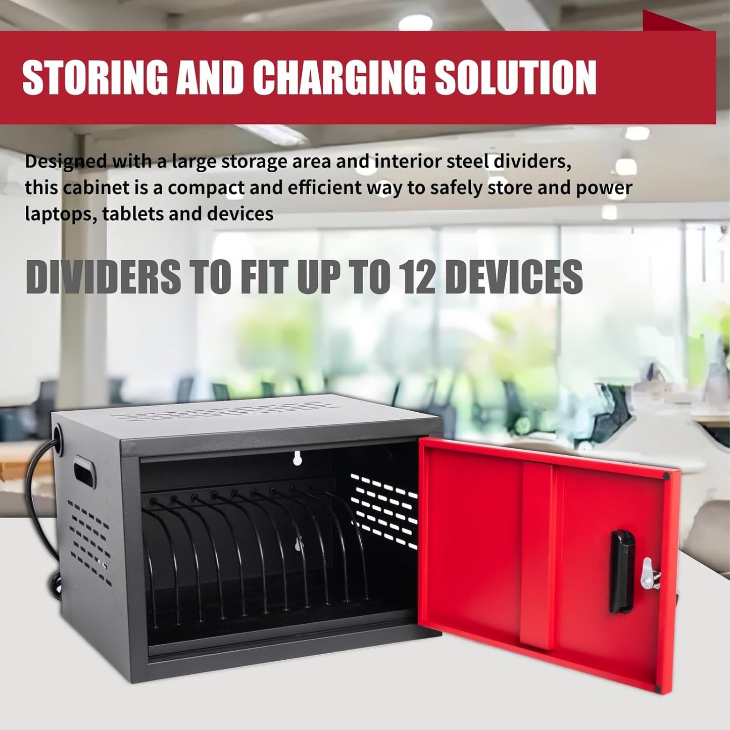 12 Bay Charging Cabinet for Laptop/Chromebook, Black Locking Charging Station with 12-Outlet Strip, Cable Clips, Grommet Holes & Wall-Mount 18.98" W×12.99" D×14.96" H for Office/Classroom