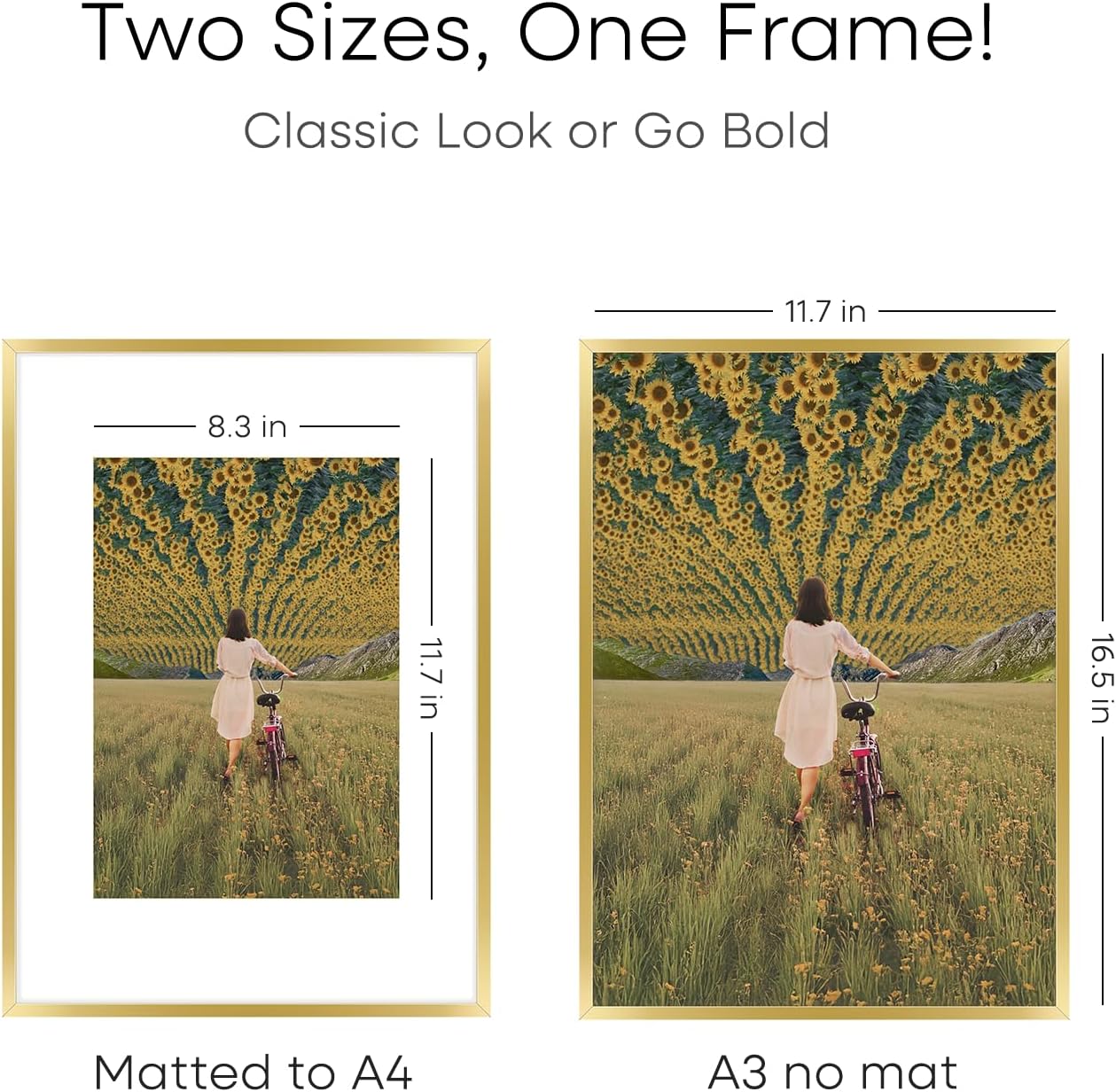 Homeforia A3 Picture Frame Gold, High End Metal 11.7 x 16.5 inch Poster Frames with Mat 8.3 by 11.7 for Photo, A3 Size Frames Matted to A4 Print, 11.7x16.5 Wall Hanging Frame, Tempered Glass, Set of 4
