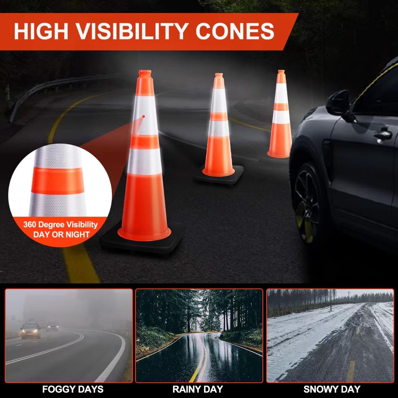 (8 Pack) BESEA 28” inch Traffic Safety Cones Orange Road Parking Cones Heavy Duty Construction Cone Structurally Stable for Traffic Control at Public Place