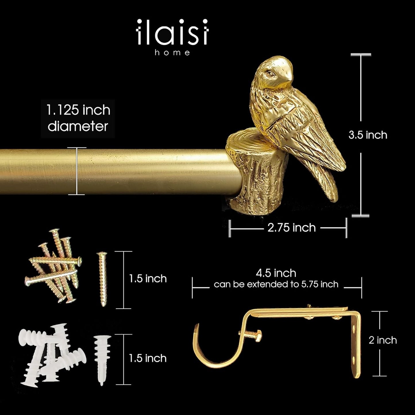 1-1/8 Inch Diameter Brushed Gold Curtain Rod with Bird Design Finials, 72-144'' Telescoping Single Curtain Rods for window width 68-140 inch, 1 pack