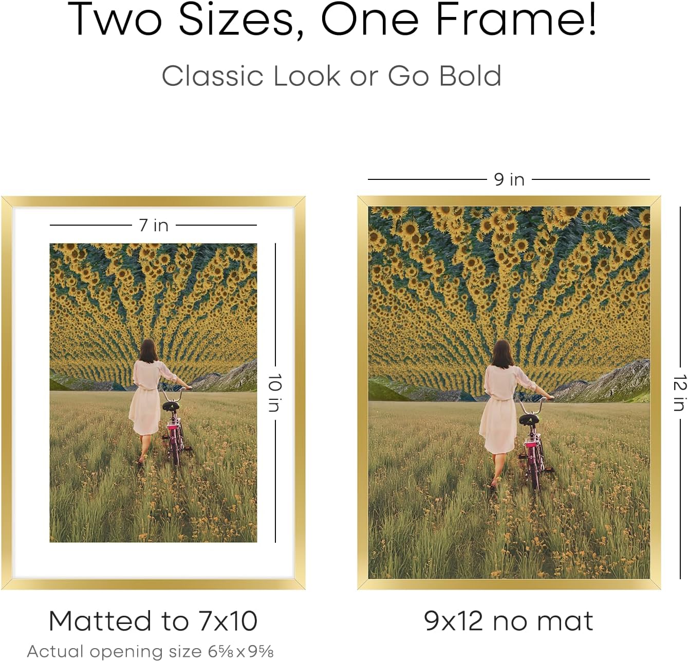 Homeforia 9x12 Gold Frame, High End Metal 9 x 12 Picture Frames with Mat 7 by 10 inch Photo, 9by12 Thin Poster Frame Matted to 7x10 Art, 12x9 Wall or Tabletop Frame, Tempered Glass, Wall Kit, Set of 3